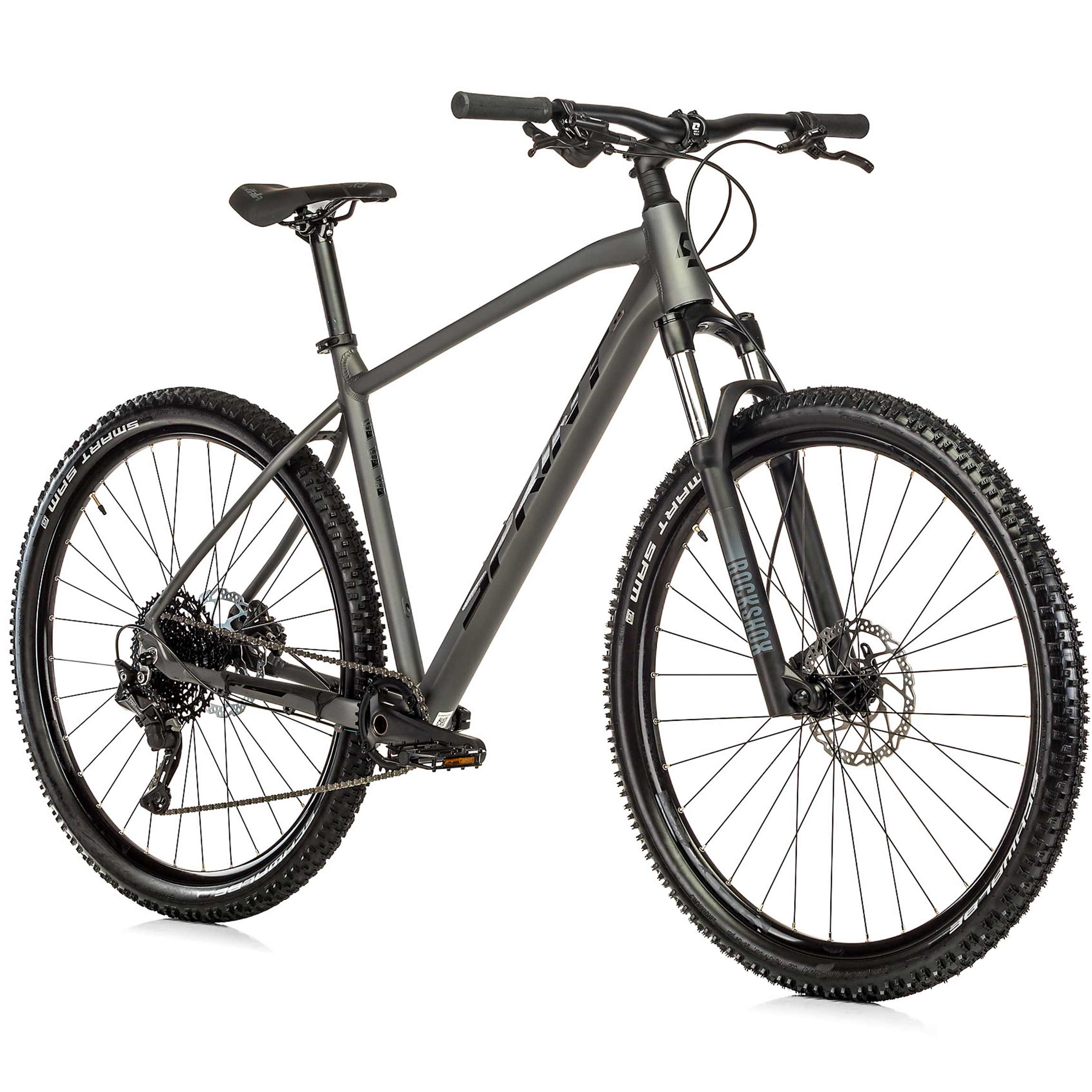 Ein graues Mountainbike mit schwarzen Reifen und Felgen steht auf weißem Hintergrund.