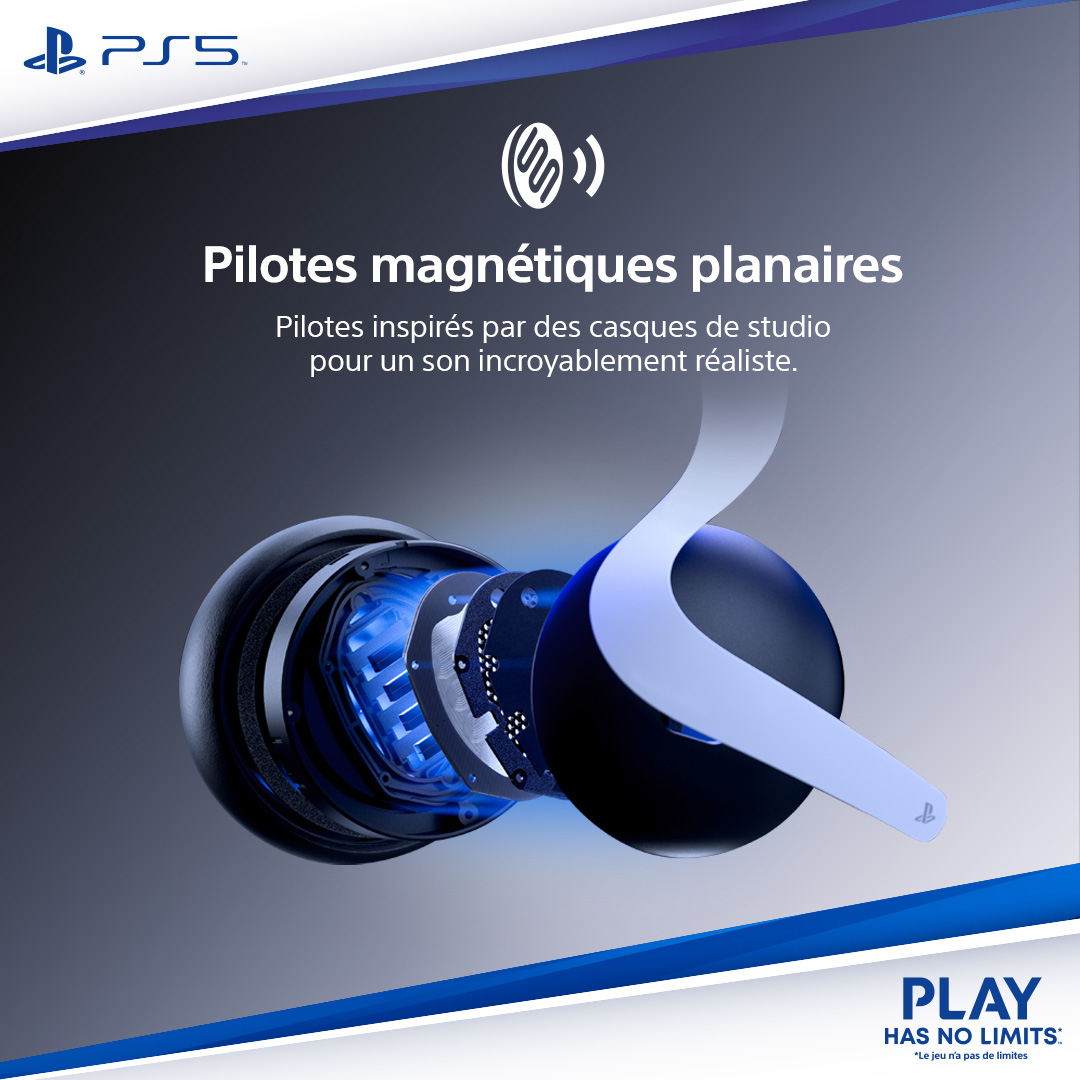 Widok eksplodującego zestawu słuchawkowego PS5 z płaskimi głośnikami magnetycznymi, podświetlony na niebiesko.