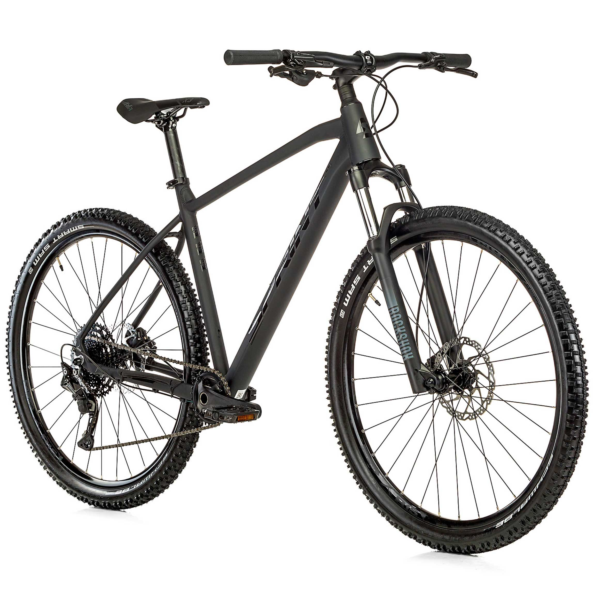 Ein schwarzes Mountainbike mit Rock Shox Federgabel und breiten Reifen.