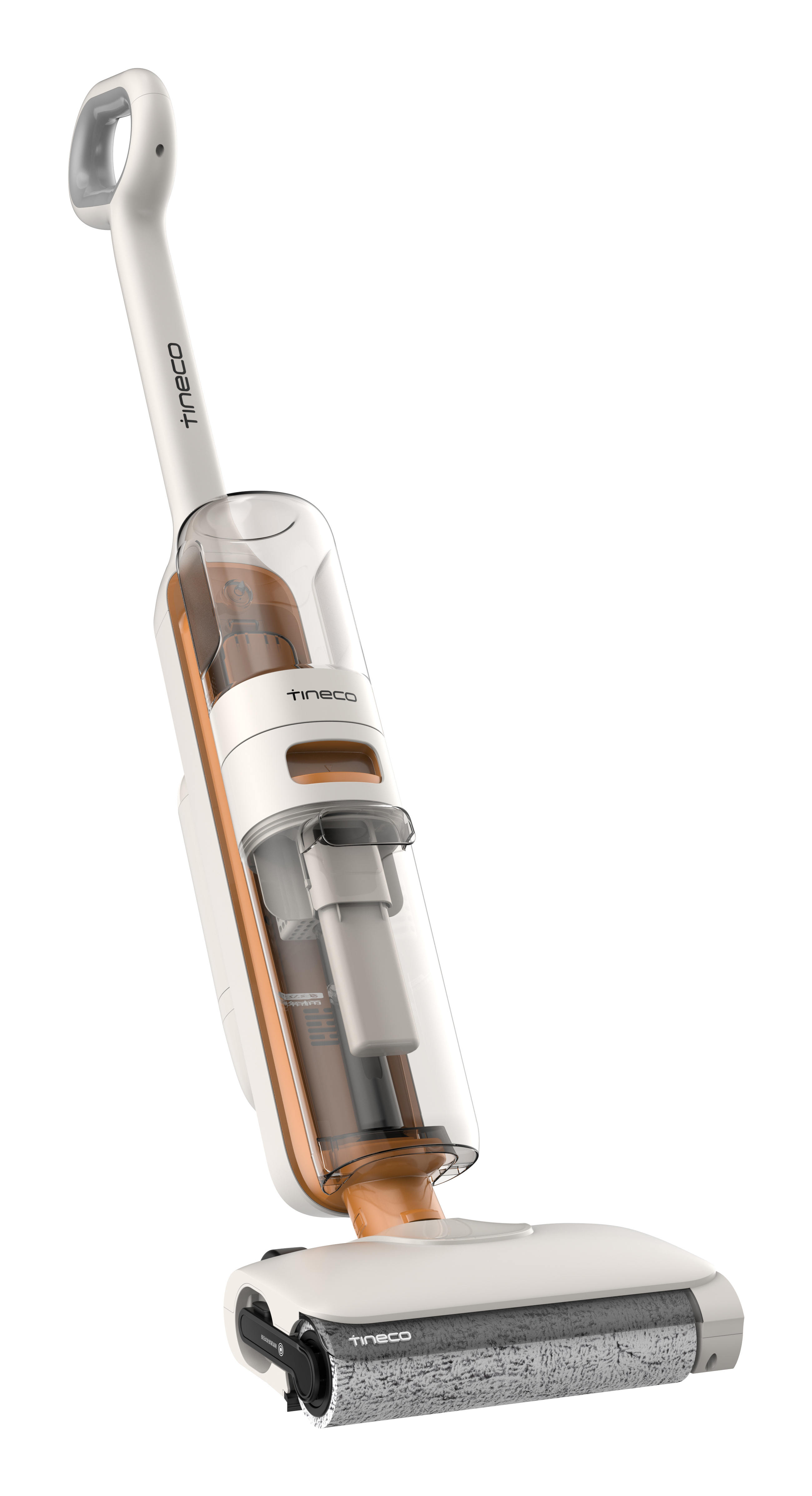 Biały i pomarańczowy odkurzacz na mokro i sucho z obrotową szczotką.