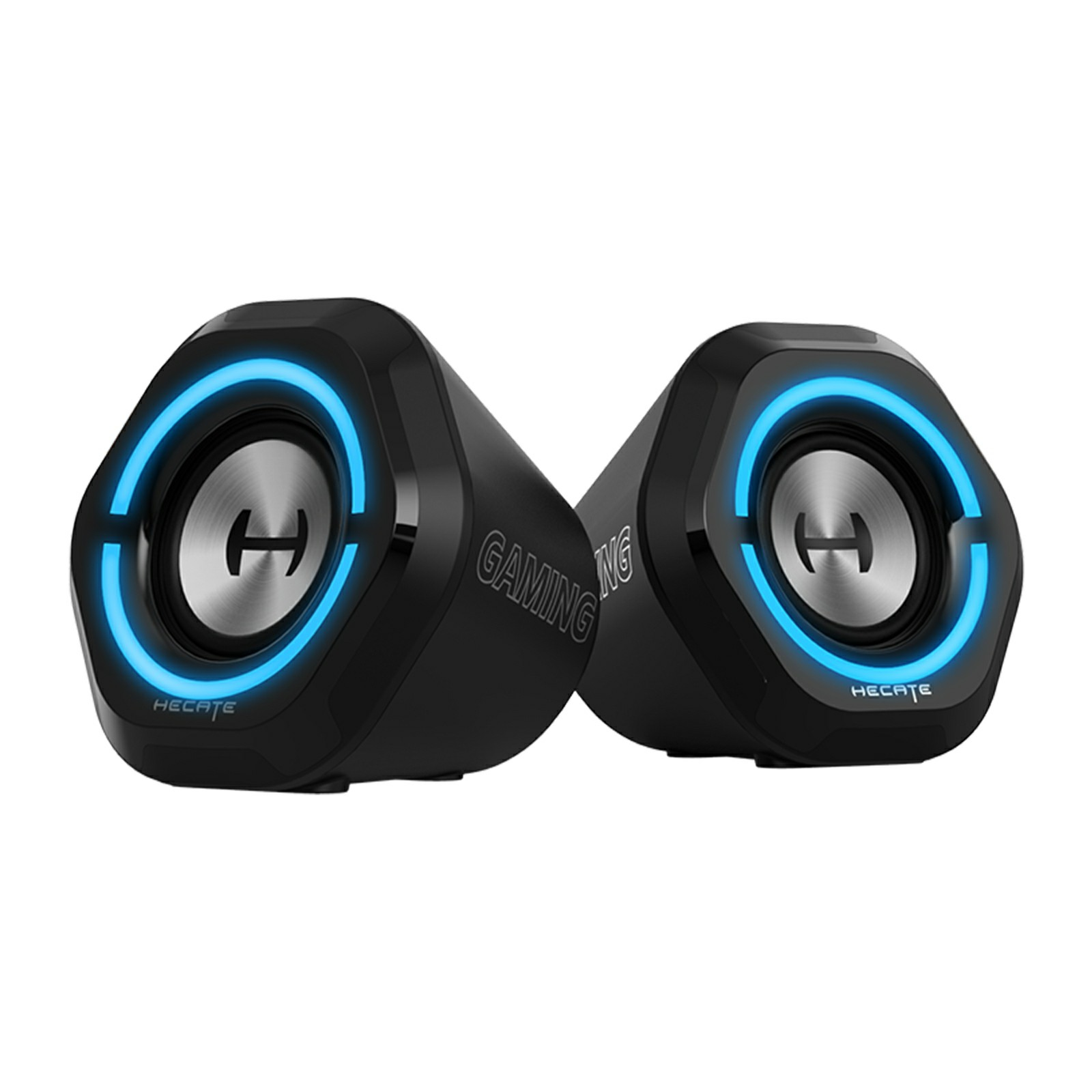Twee zwarte gaming speakers met blauwe LED-ringen en zilveren conussen.