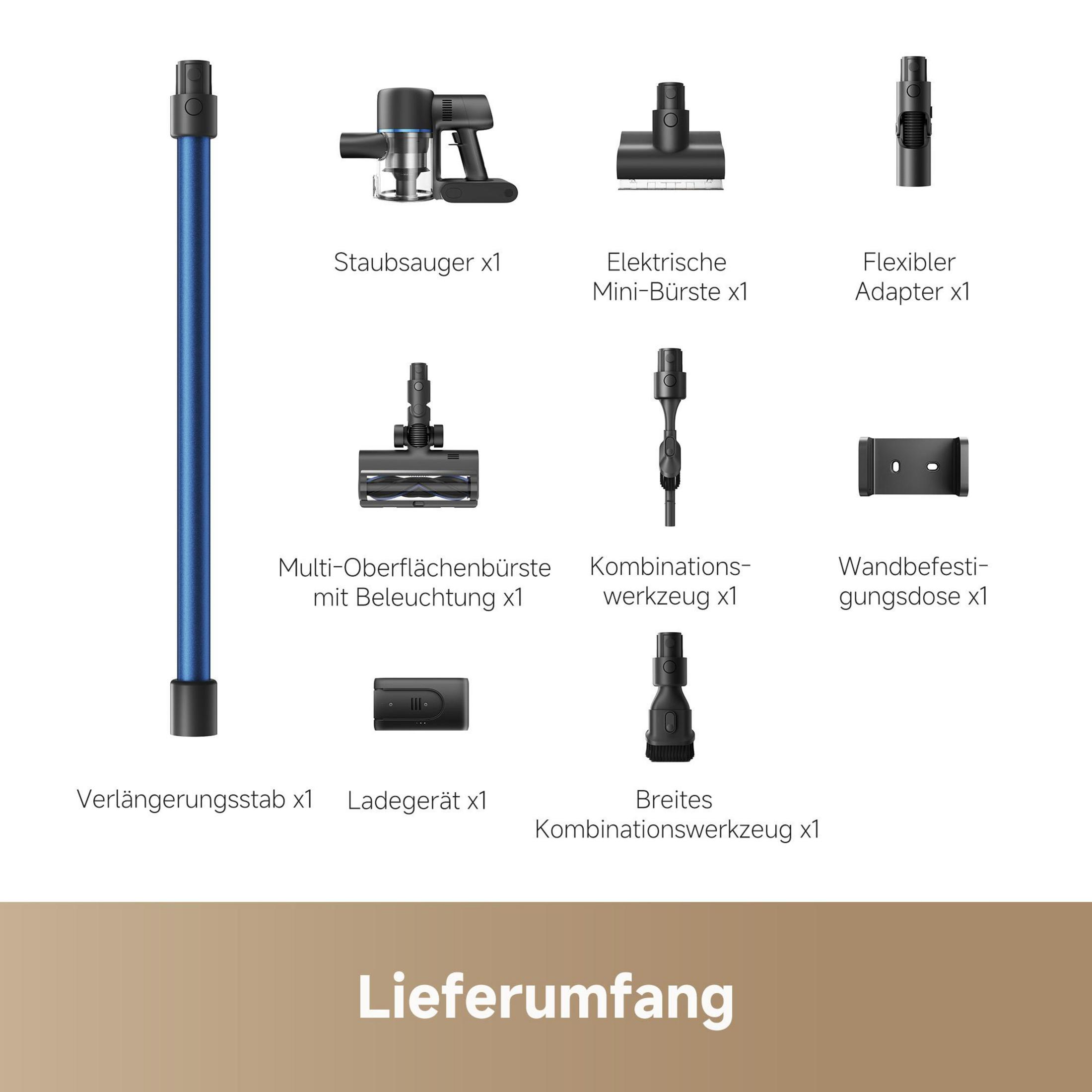 Przegląd części odkurzacza: rura, korpus, szczotki, adapter, ładowarka, uchwyt ścienny.