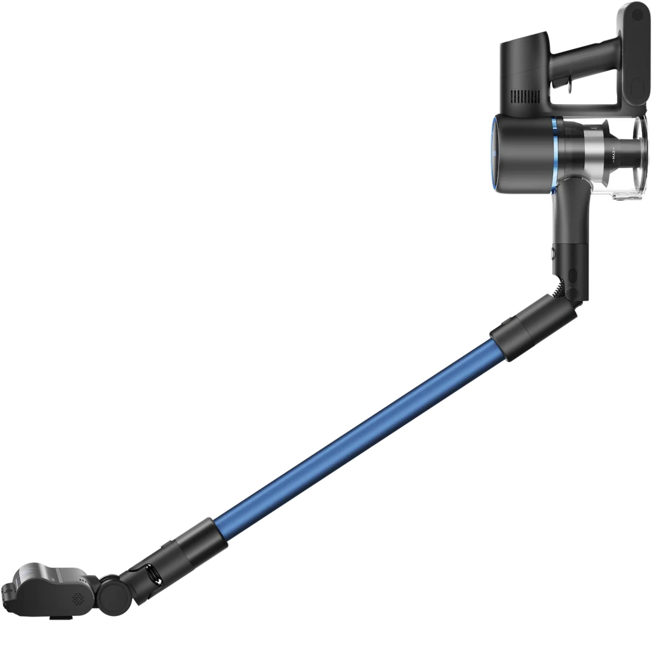 Czarno-niebieski odkurzacz ręczny z długim wężem.