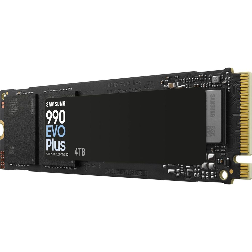 Dysk SSD Samsung 990 EVO Plus 4TB ze złotym złączem i czarną obudową.