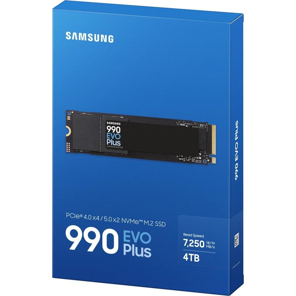 Pudełko Samsung 990 EVO Plus 4TB SSD NVMe M.2 ze zdjęciem produktu i specyfikacją.