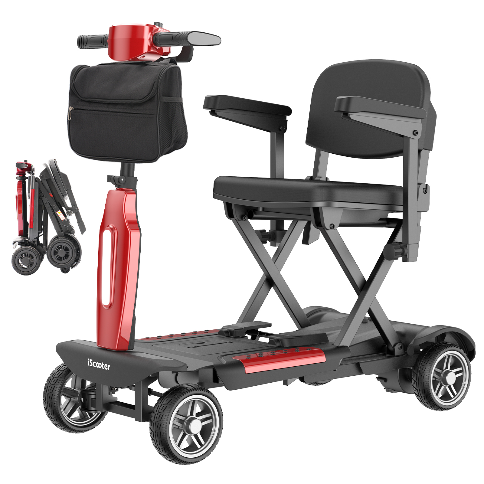 Ein roter, faltbarer Elektroroller mit schwarzem Sitz und Tasche.
