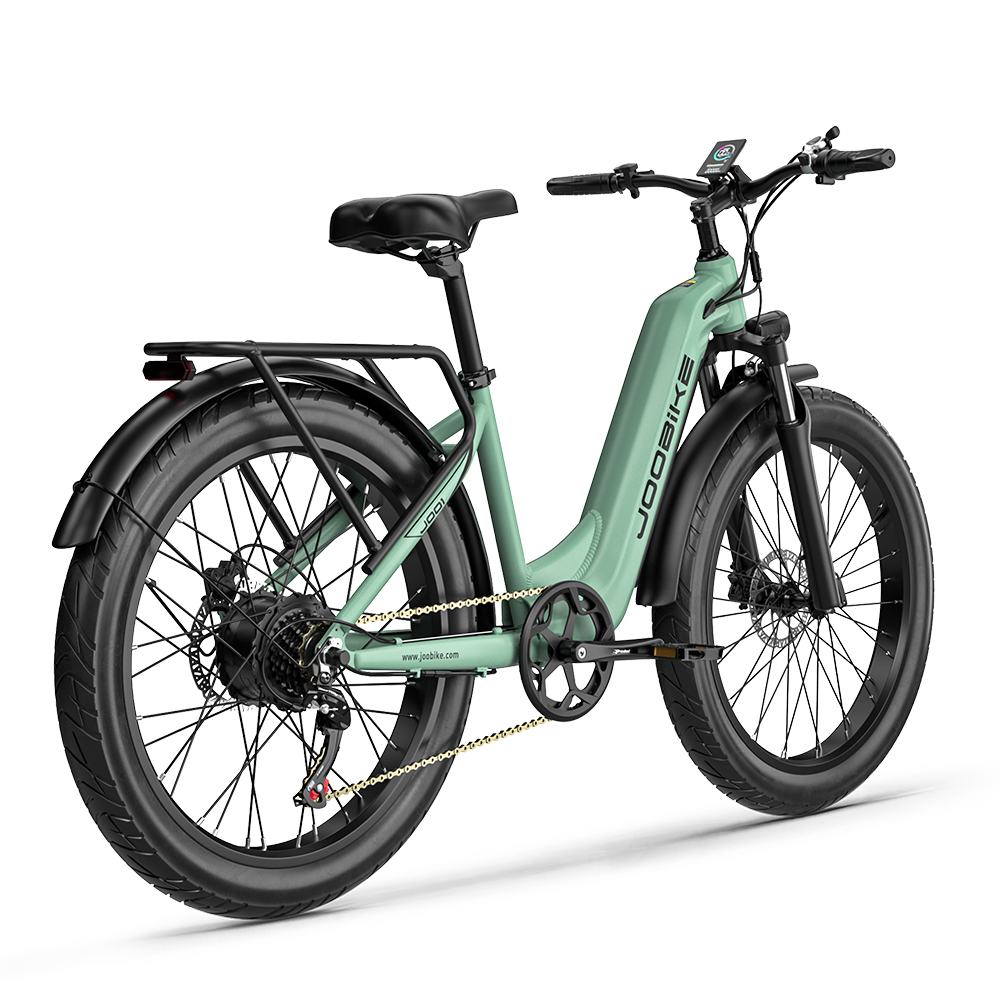 Ein mintgrünes E-Bike mit breiten Reifen, Gepäckträger und Scheibenbremsen.