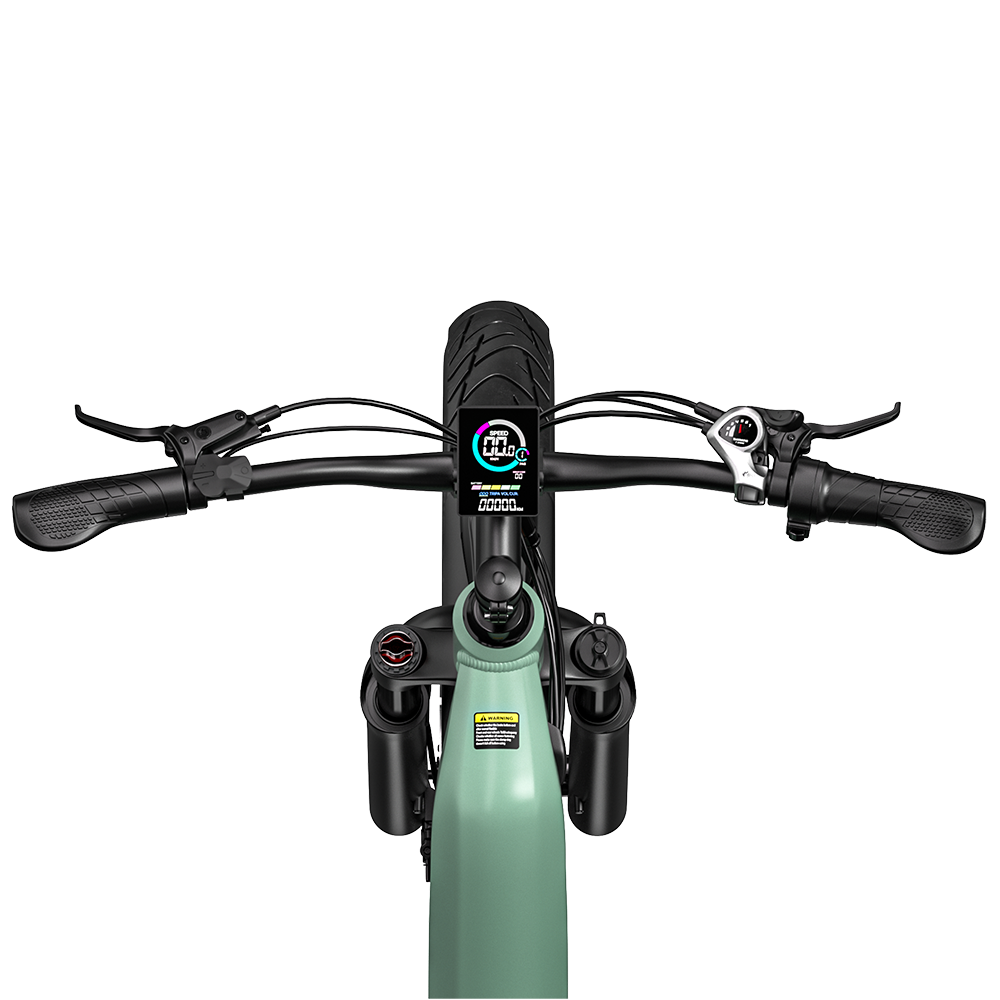 Grüne Fahrradsteuerung mit digitalem Display, Lenker und Federgabel.