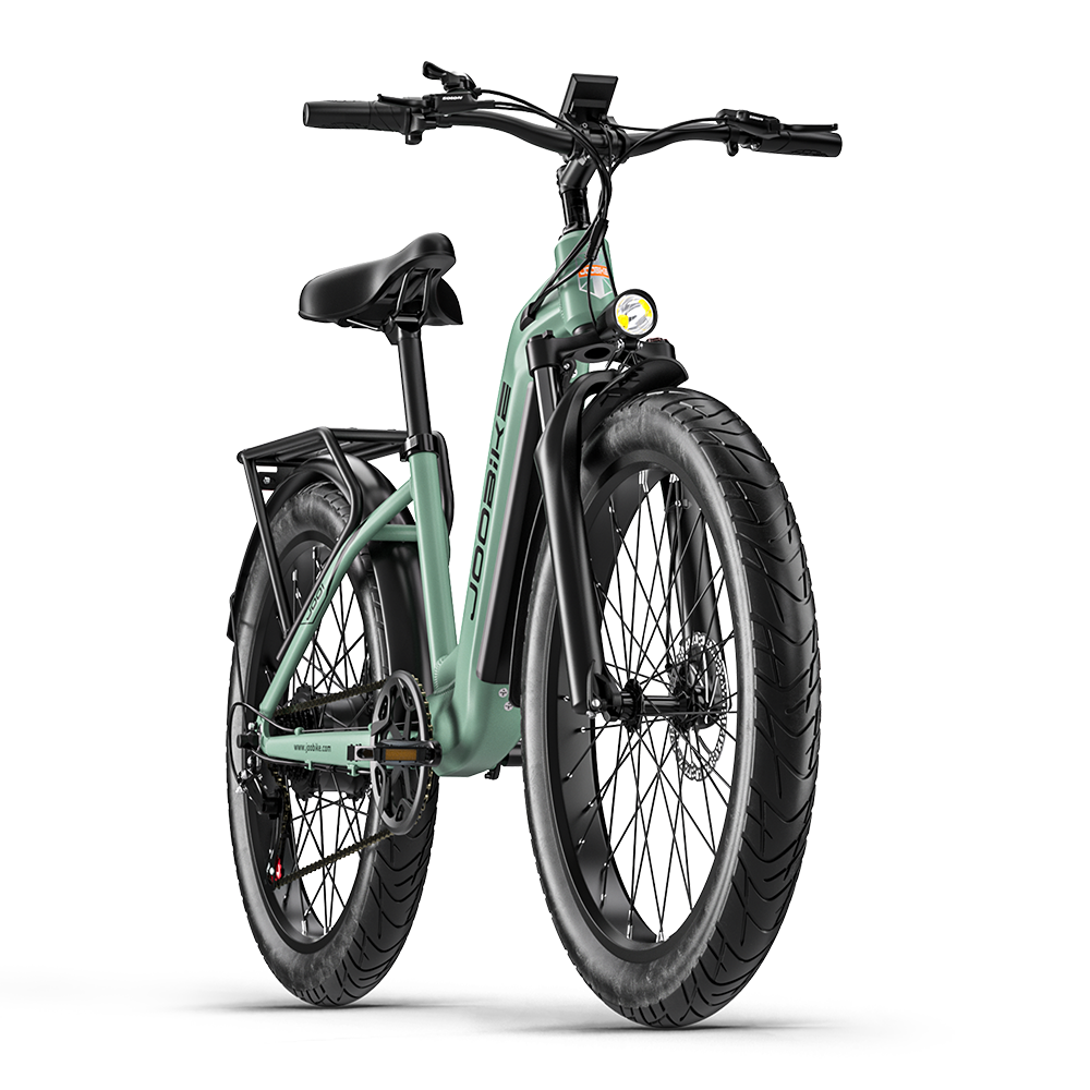 Grünes E-Bike mit dicken Reifen, Gepäckträger und Scheinwerfer.