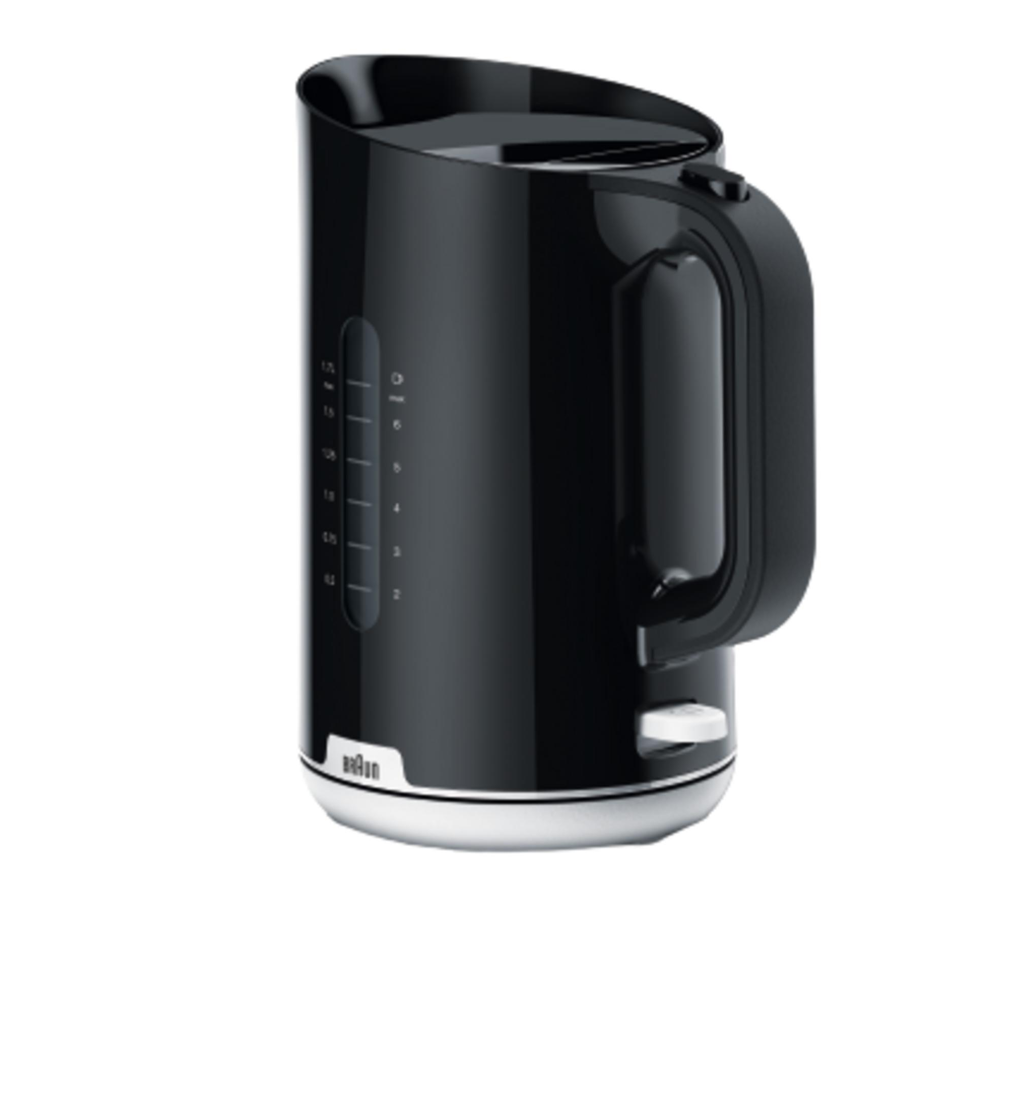 Czajnik elektryczny, czarny, z srebrną podstawą i rączką.