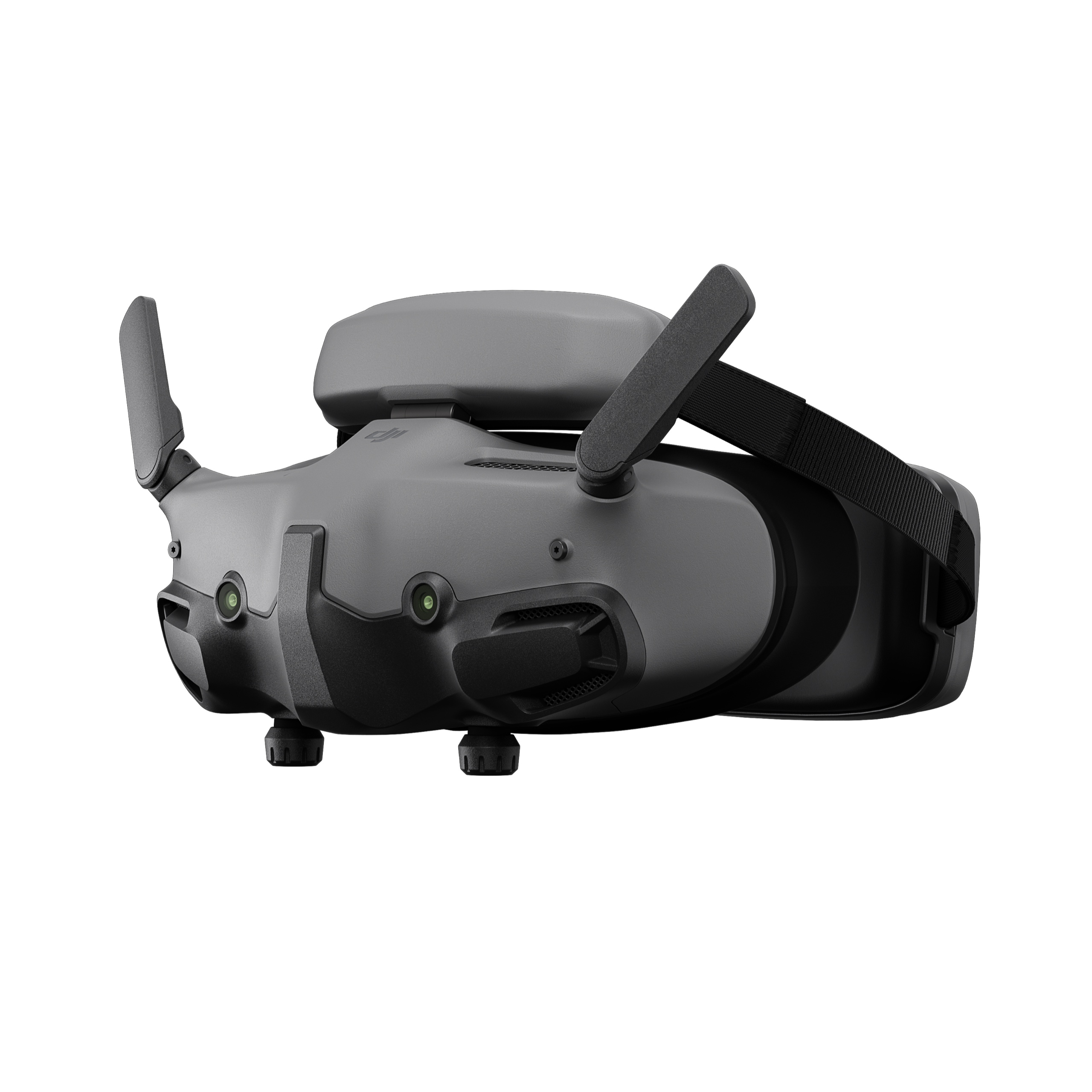 Graue VR-Brille mit Antennen und Kameras auf weißem Hintergrund.