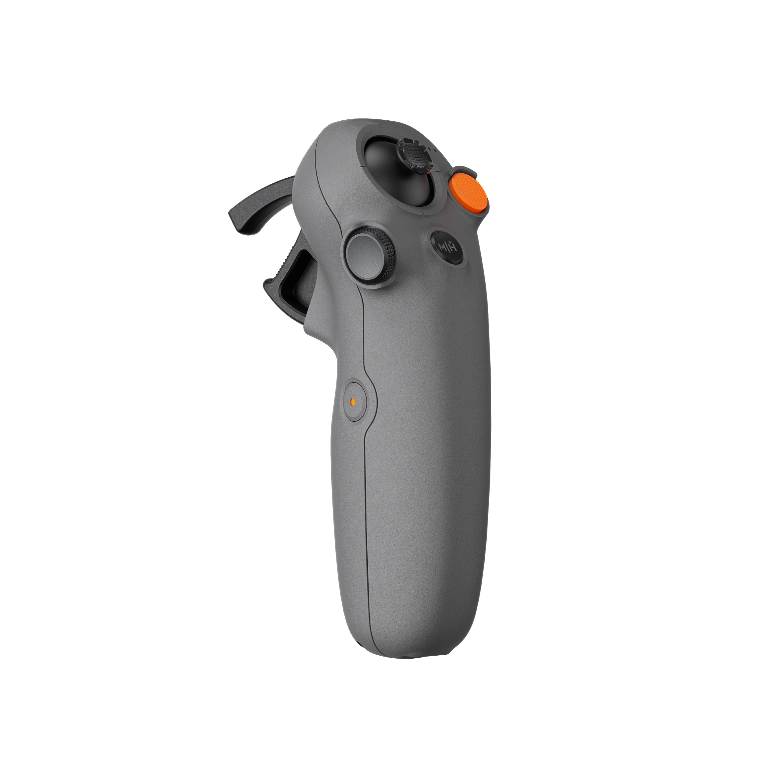 Grauer Controller mit orangefarbenem Knopf und Rändelrad.