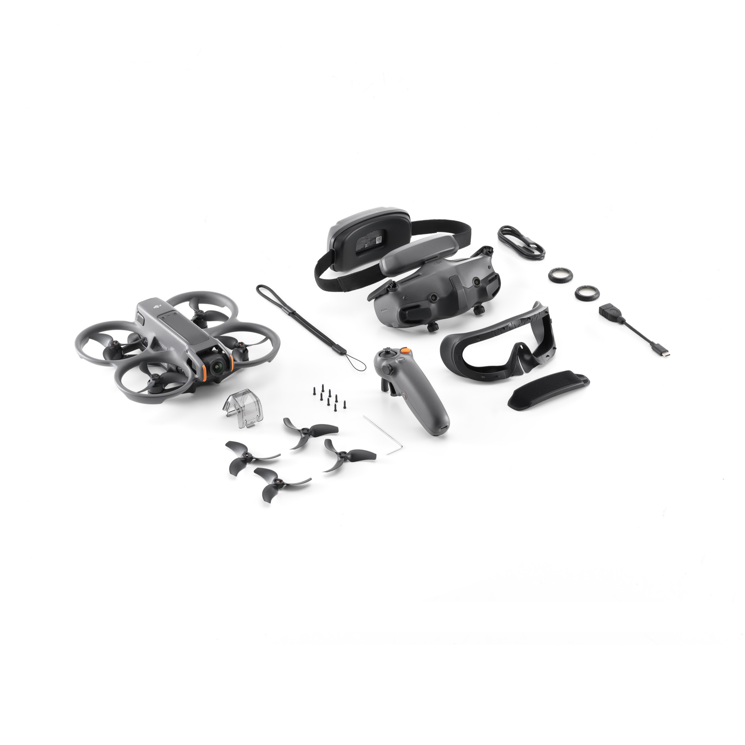 Grauer DJI Avata Drohne mit Zubehör: Goggles, Controller, Propeller, Kabel, Schrauben.