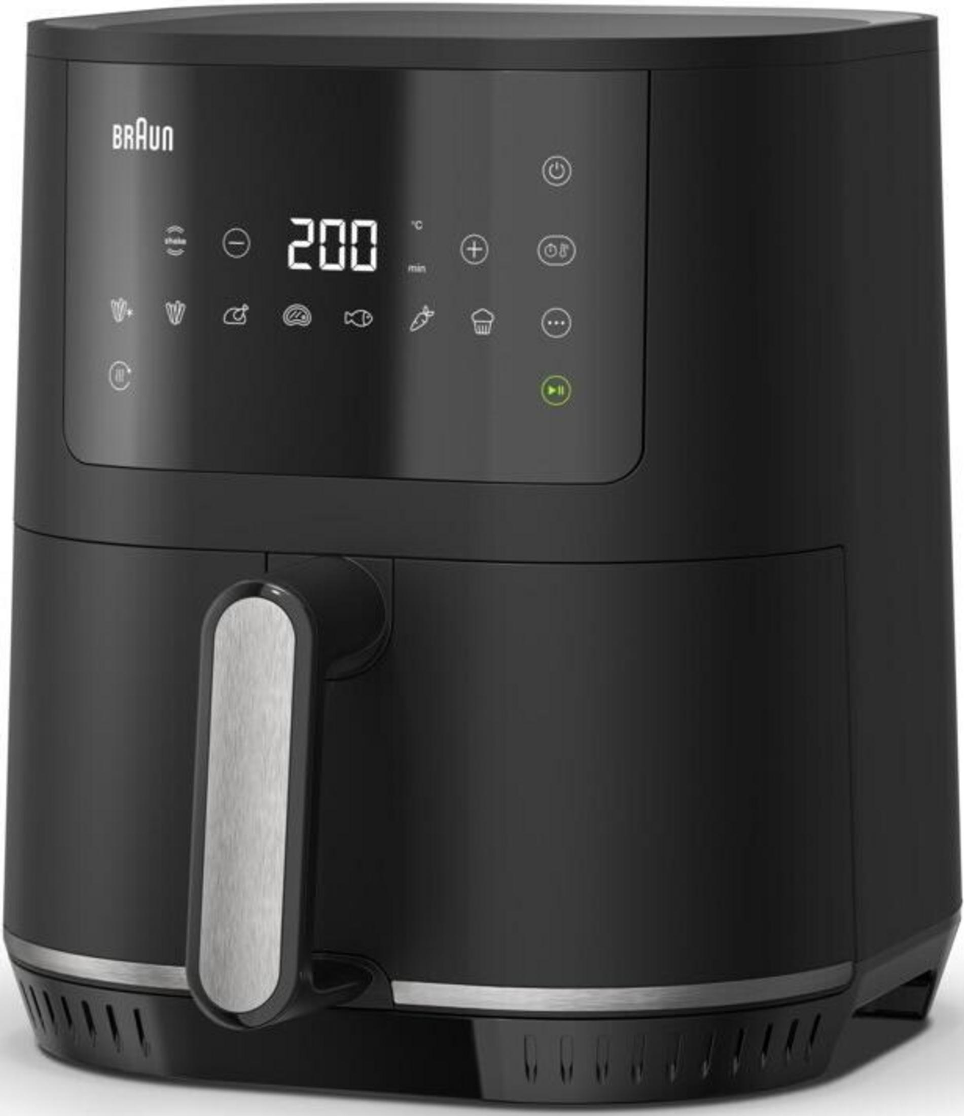 Schwarzer Braun Heißluftfritteuse mit digitaler Anzeige und silbernem Griff.