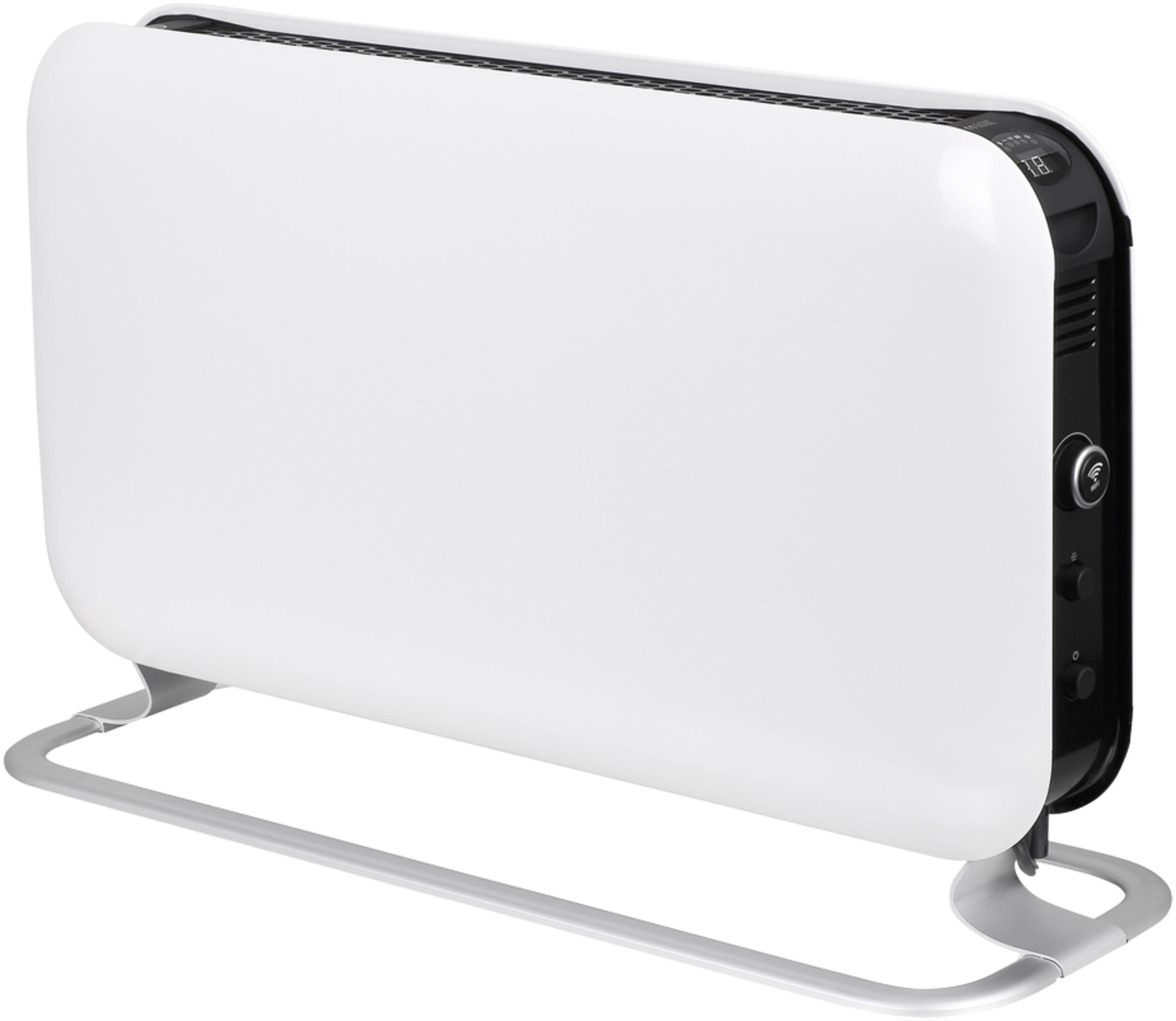 Biały grzejnik elektryczny z cyfrowym wyświetlaczem i szarymi nóżkami.