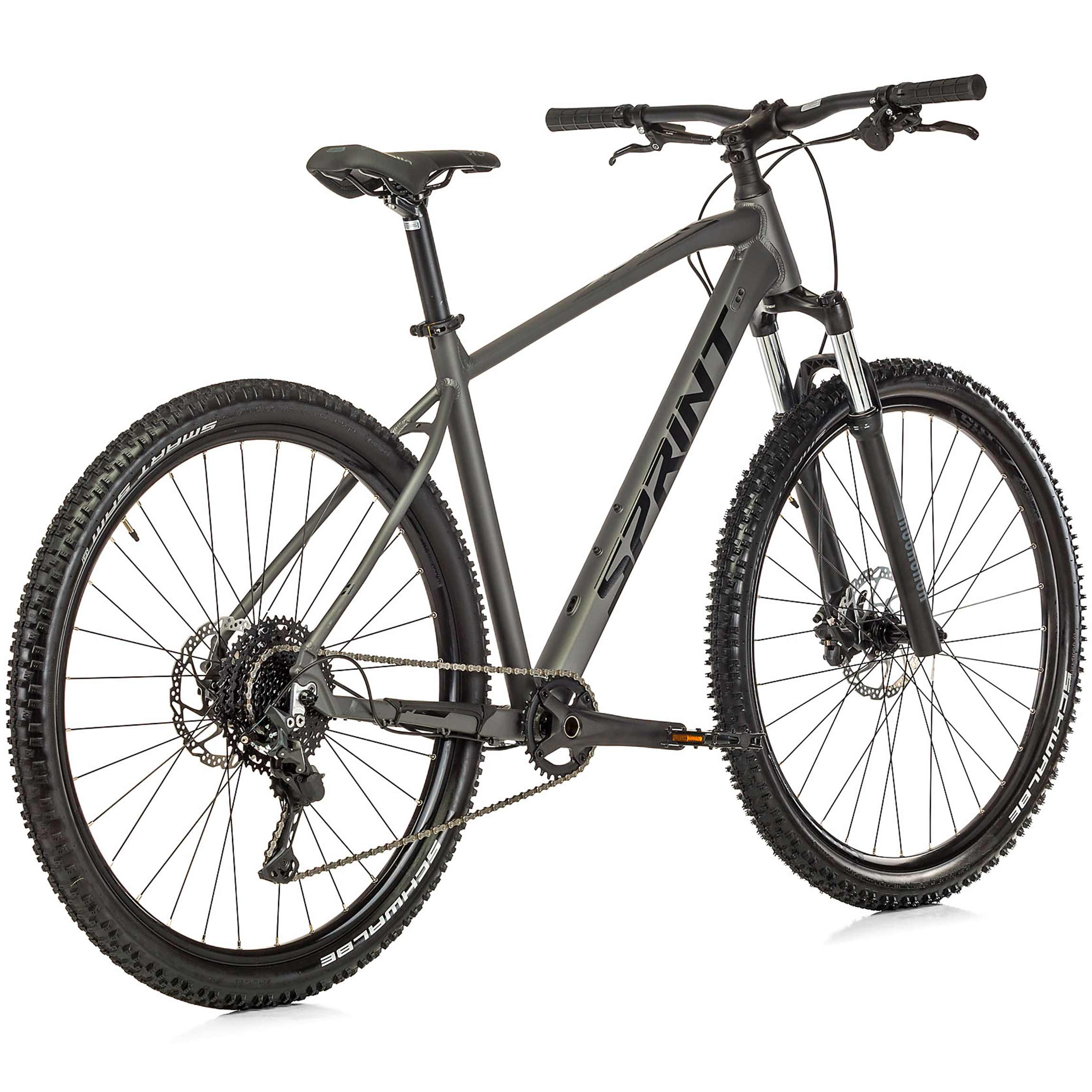 Ein graues Mountainbike mit schwarzen Reifen und Felgen steht vor einem weißen Hintergrund.