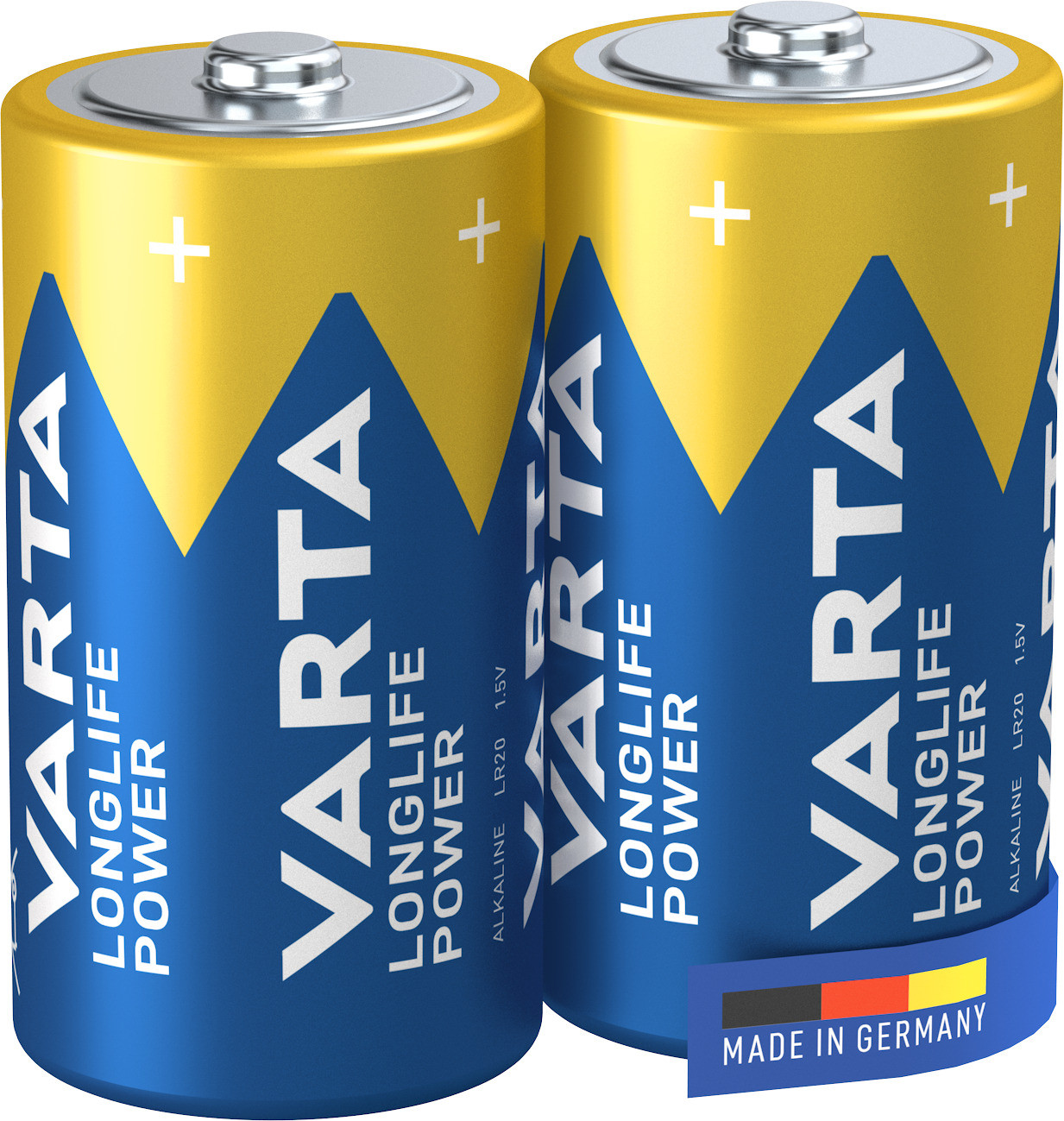 Due batterie Varta LR20 con design giallo e blu, Made in Germany.