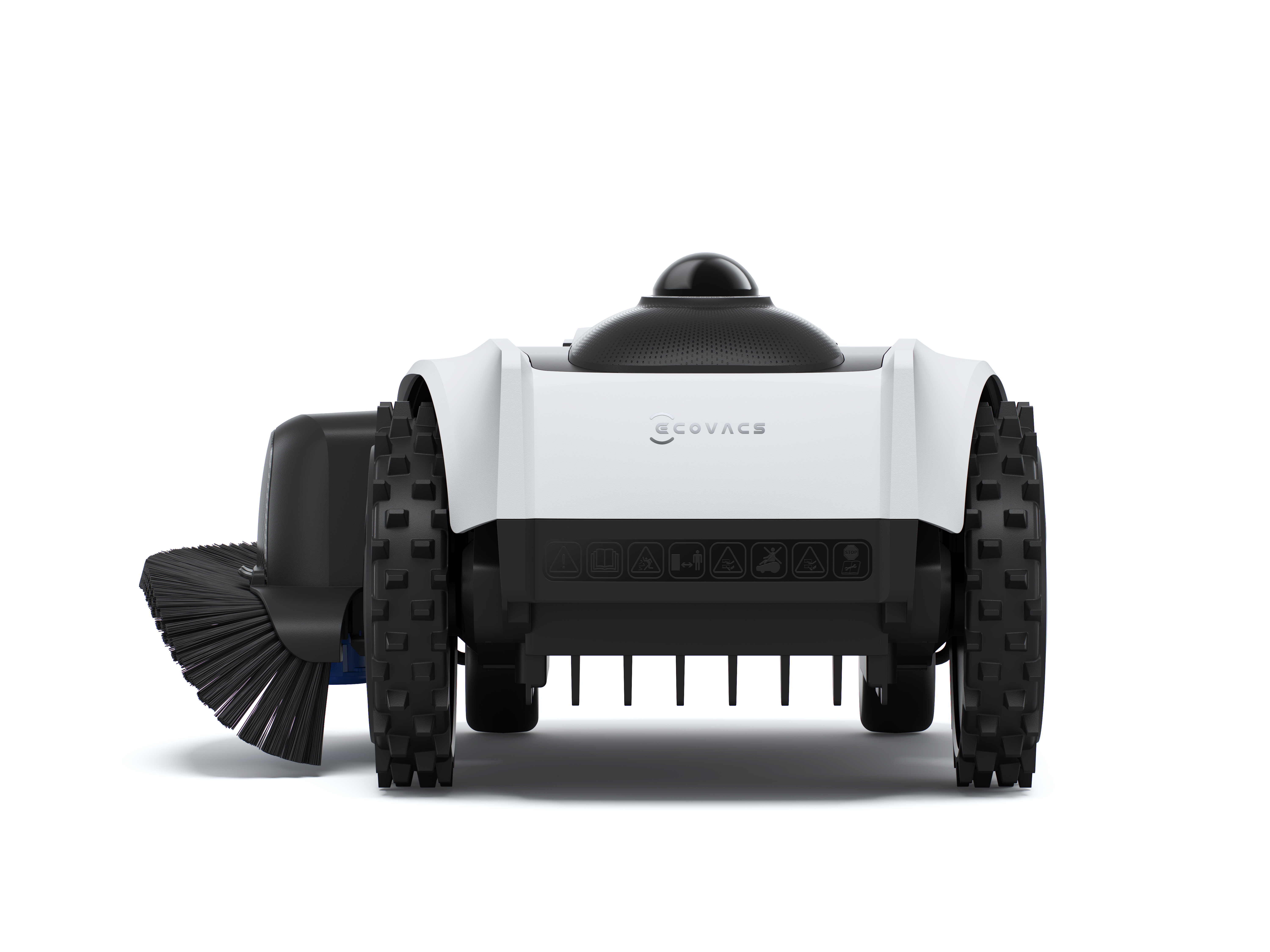 Un robot aspirapolvere bianco con spazzola nera e ruote.