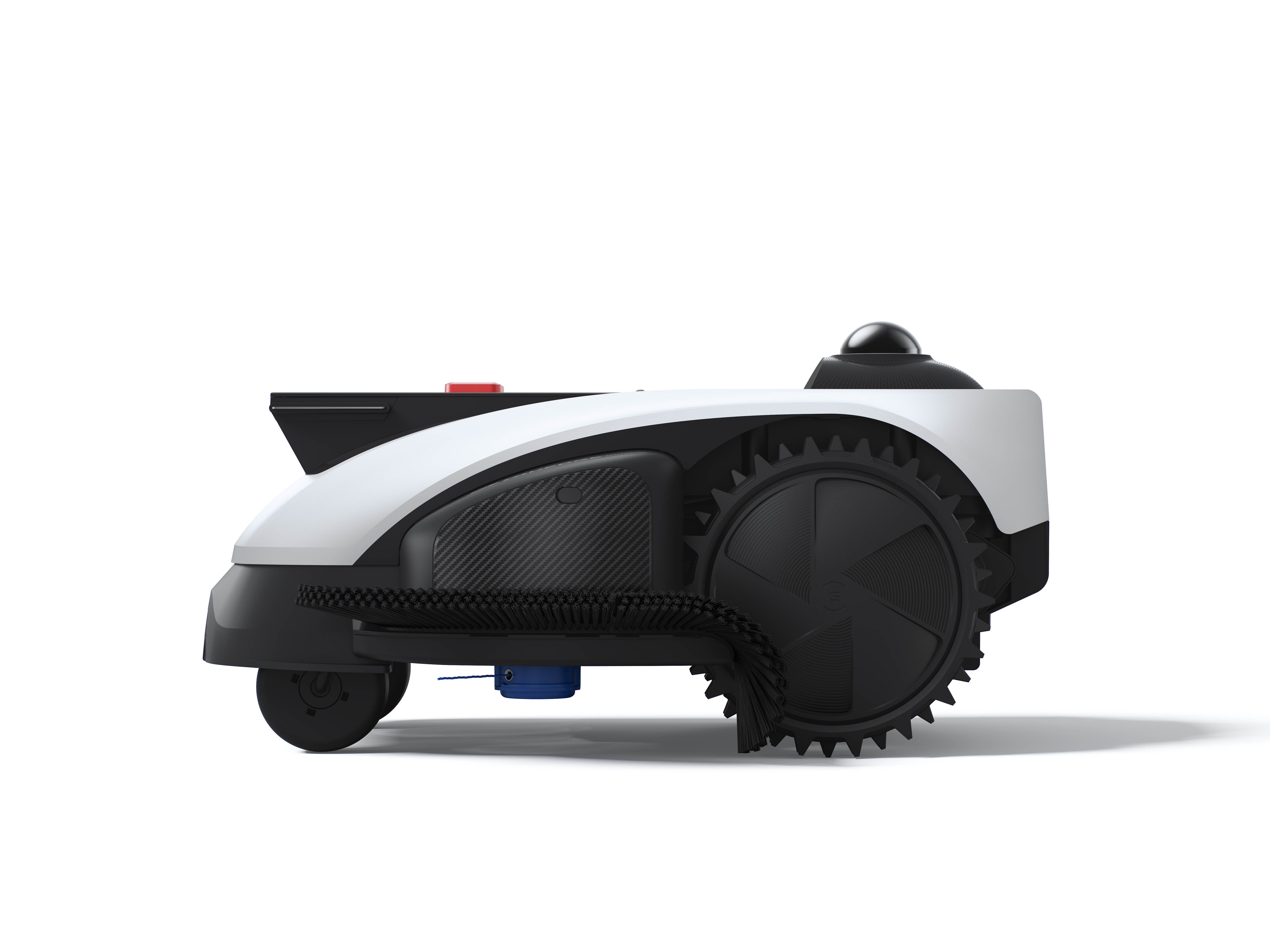 Un tosaerba robot bianco e nero con una ruota grande, spazzole e un sensore.
