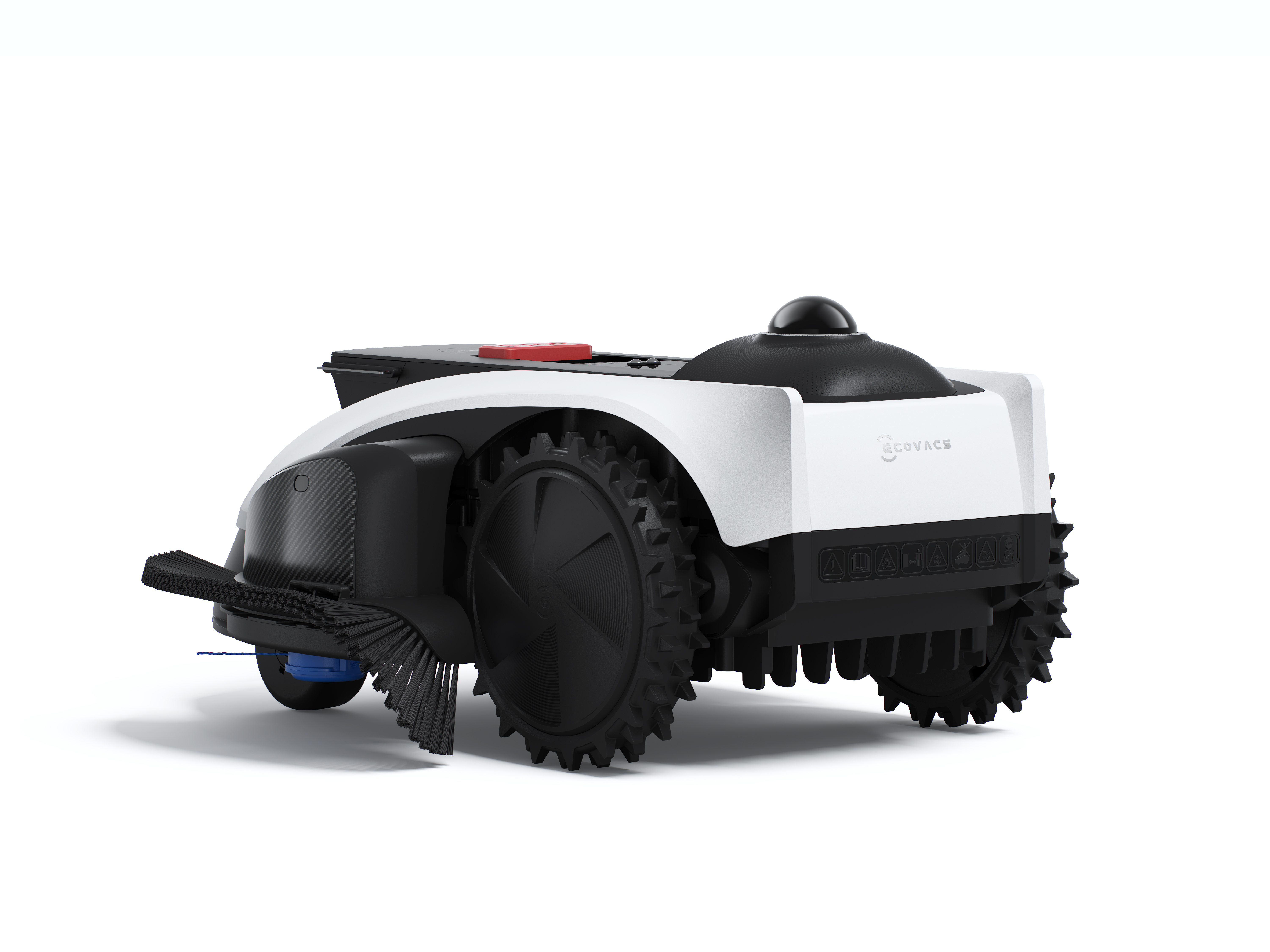 Un robot tosaerba bianco e nero con ruote grandi e spazzole.