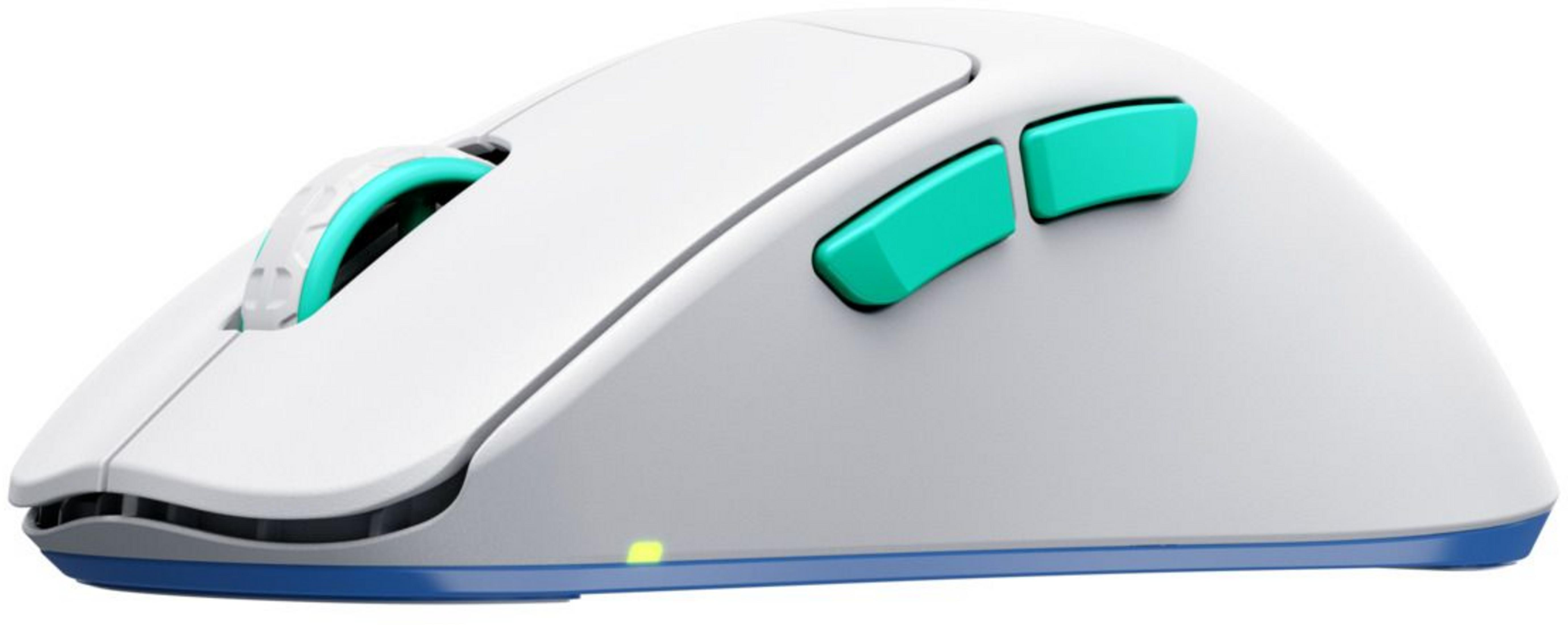 Un ratón de computadora blanco con botones turquesa y base azul.