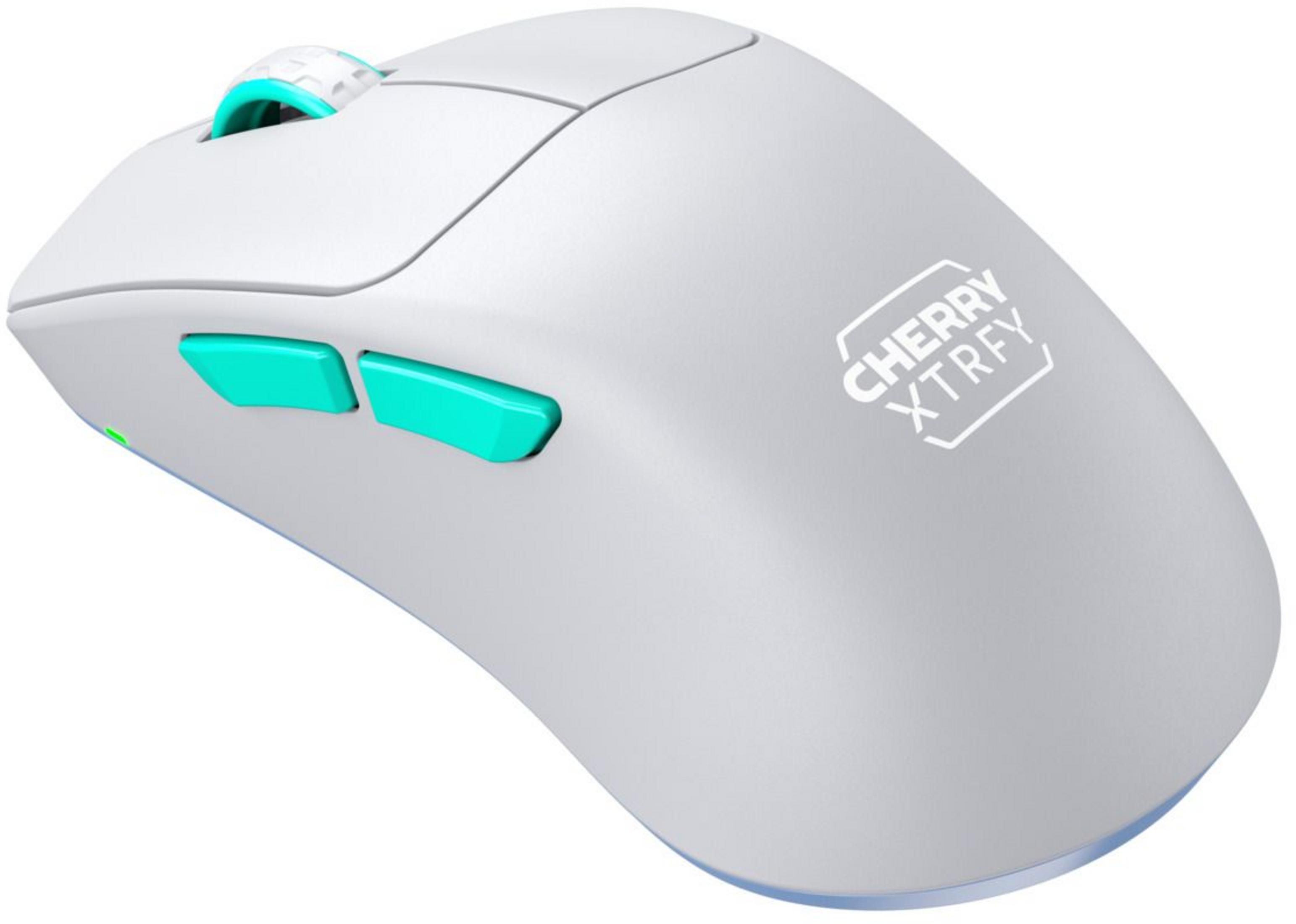 Ratón gaming Cherry XTRFY blanco con rueda y botones en verde azulado sobre fondo blanco.