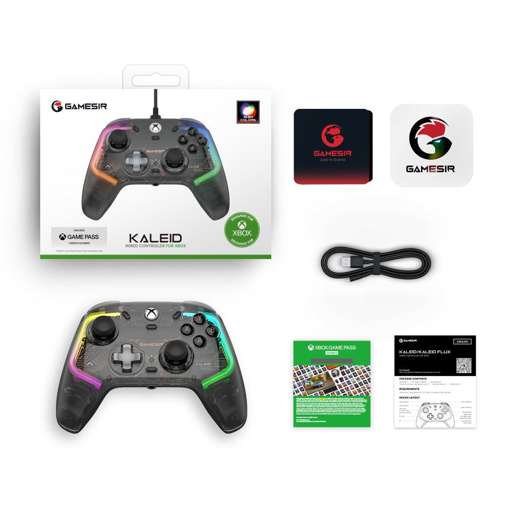 Un controller GameSir KALEID per Xbox con illuminazione RGB, cavo, manuale e loghi.
