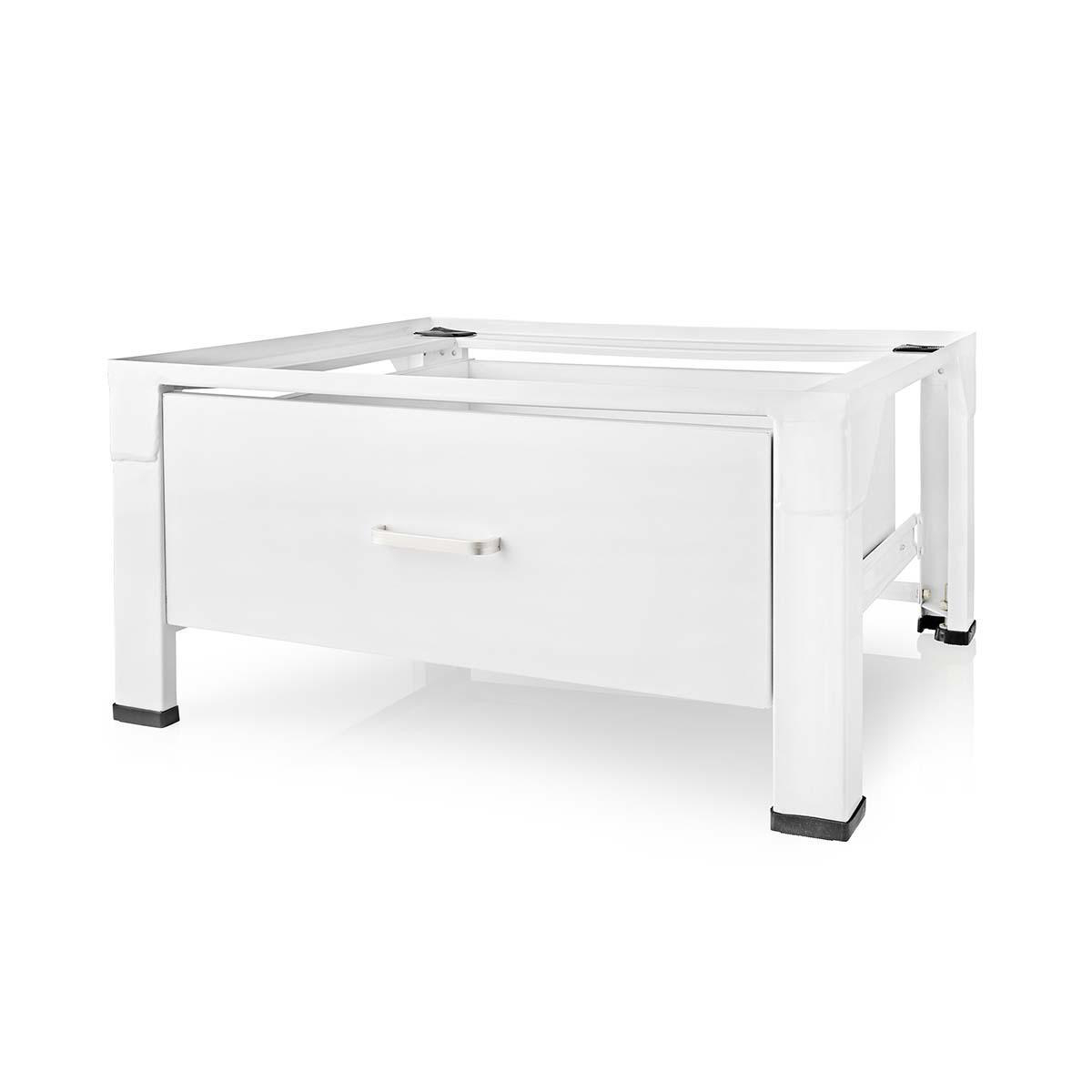 Ein weißer Metallunterschrank mit einer Schublade und silbernem Griff.