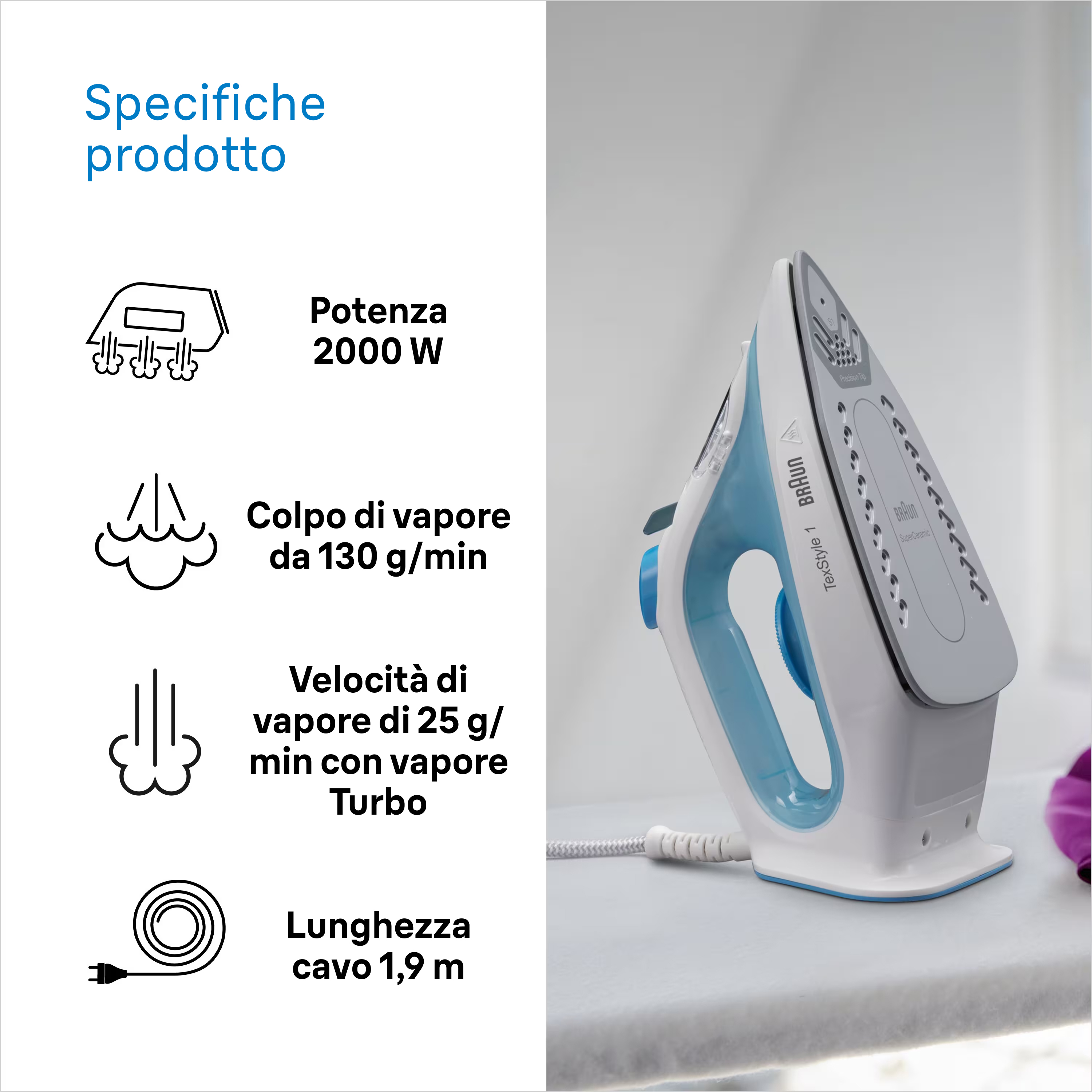 Żelazko parowe 2000W, 130g/min wyrzut pary, 25g/min prędkość, kabel 1,9m.
