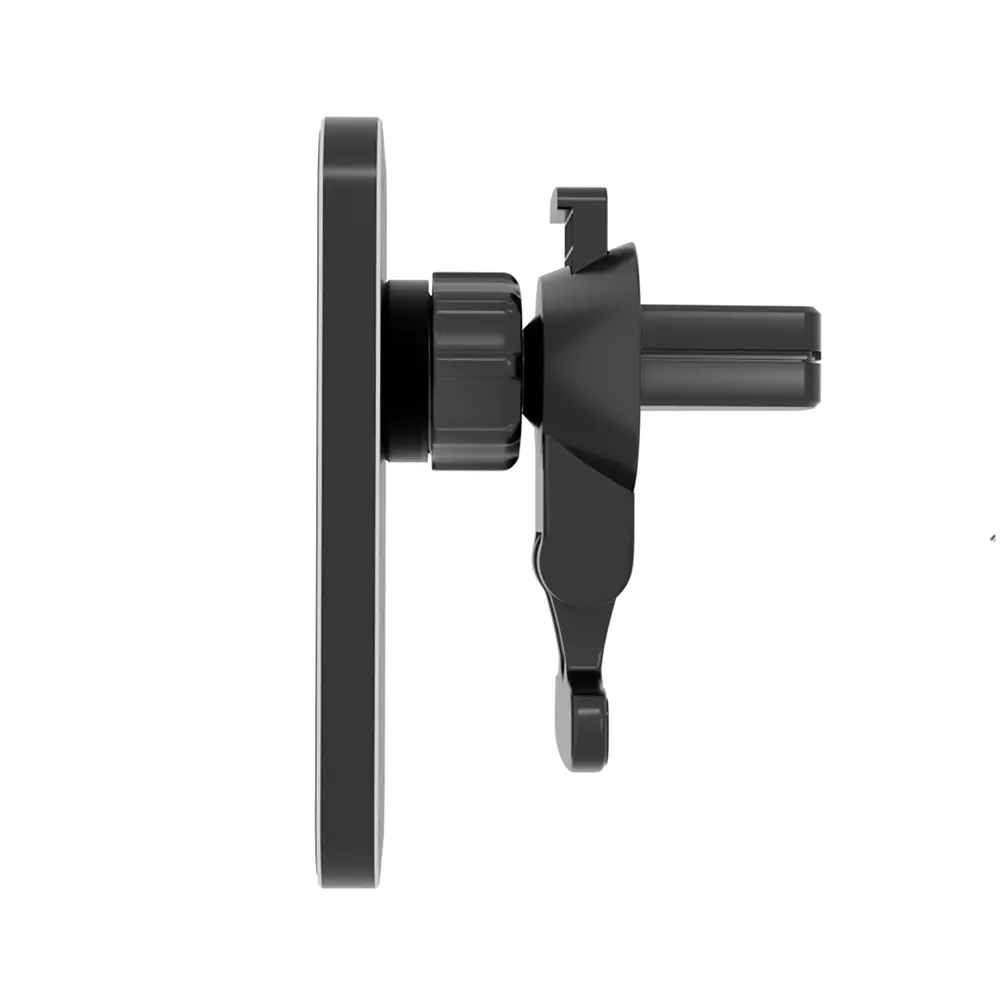 Czarny, prostokątny uchwyt na telefon z klipsem wentylacyjnym i regulowanym ramieniem.