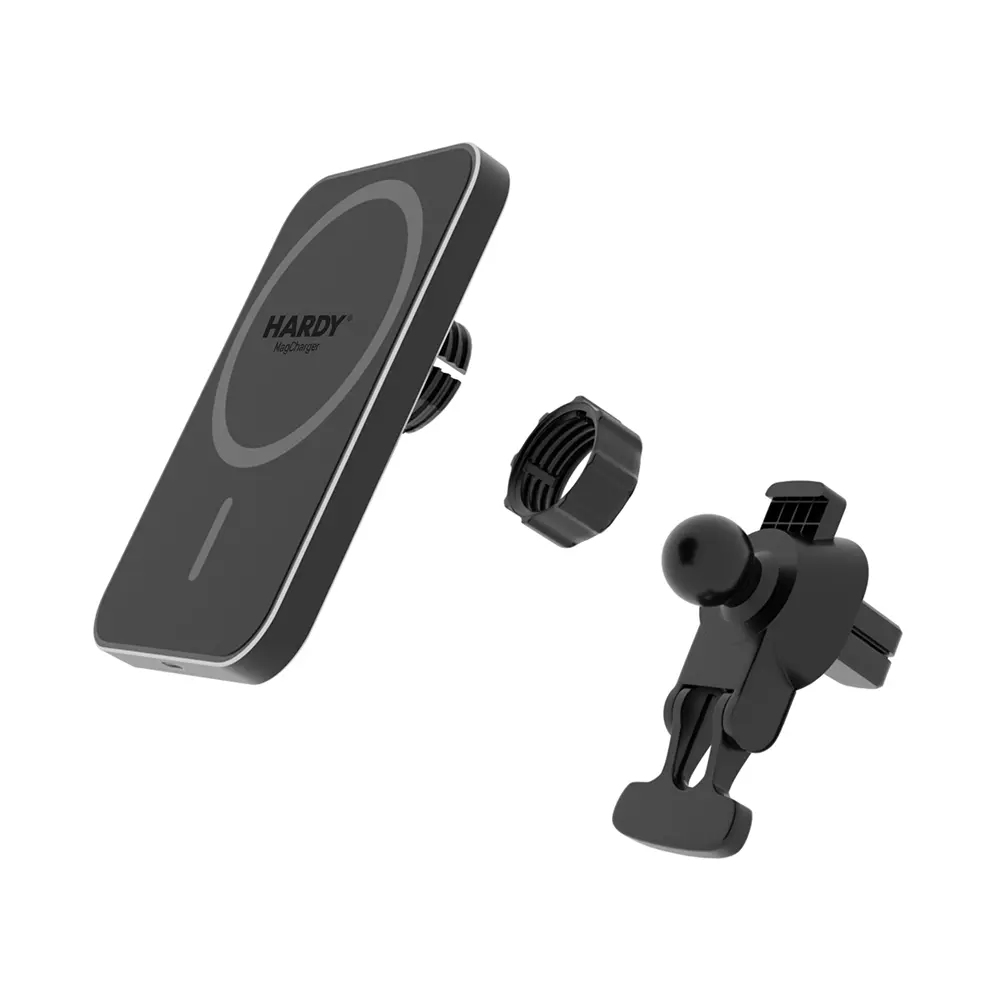 Czarna ładowarka do telefonu i uchwyt wentylacyjny na białym tle.