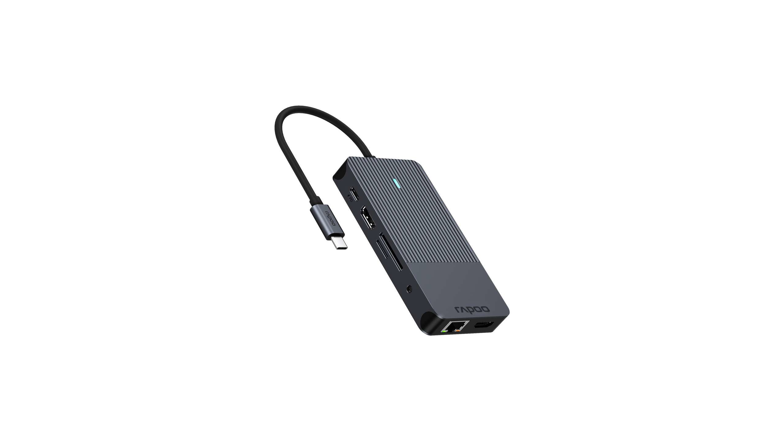 Grauer USB-C-Hub mit gerippter Oberseite und verschiedenen Anschlüssen.
