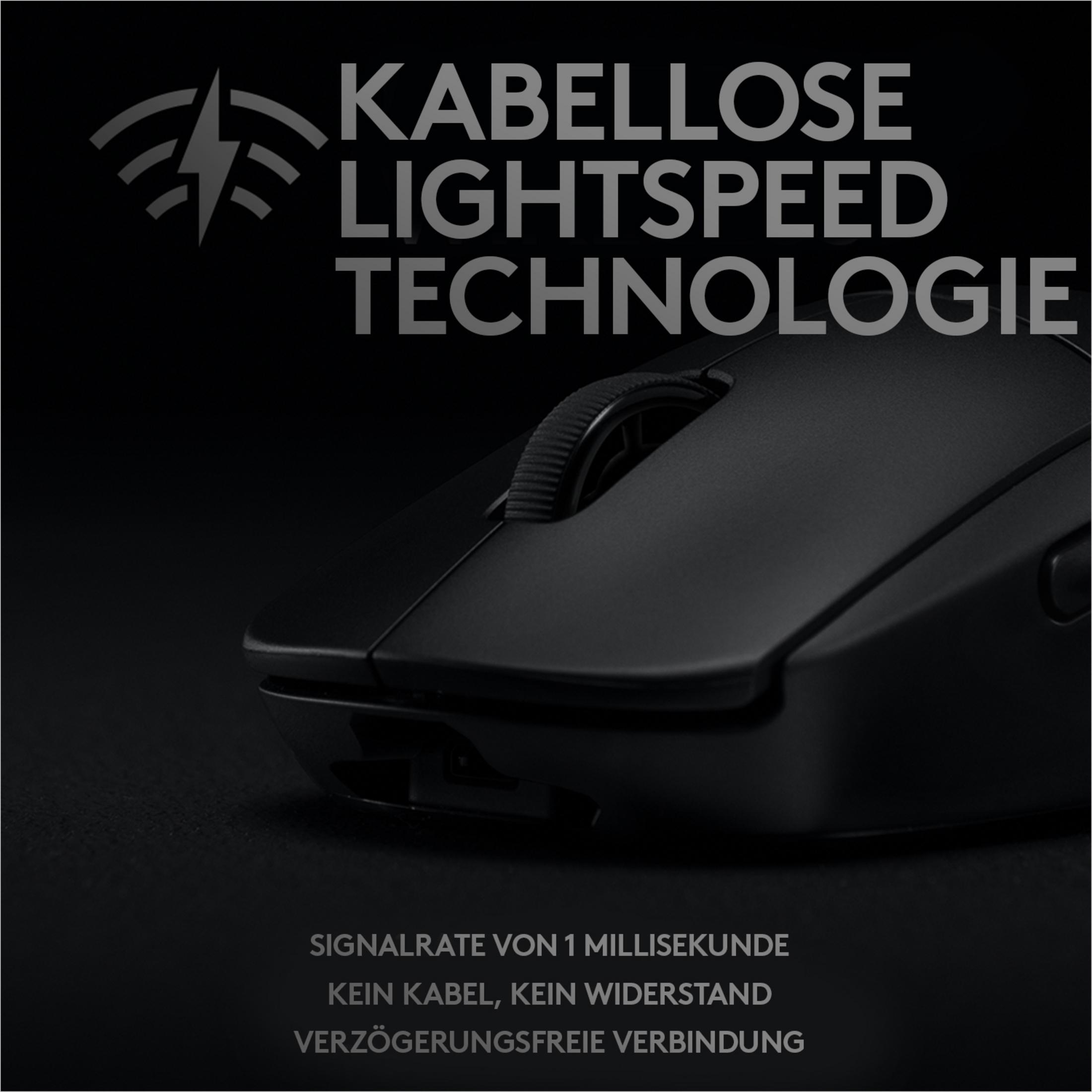 Schwarze Maus mit Rad und Text: Kabellose Lightspeed Technologie.