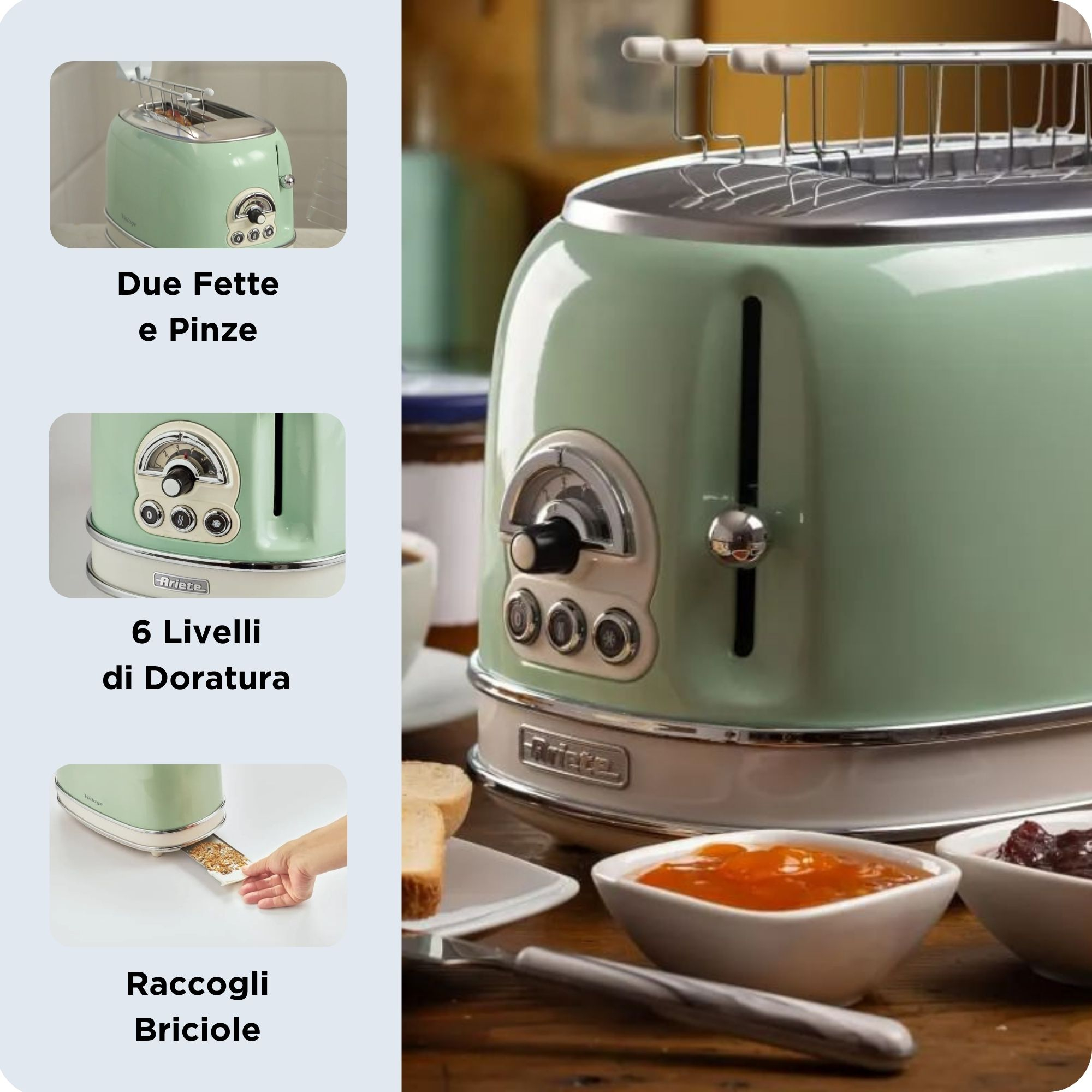 A light green retro toaster with chrome details, next to bread and jam.