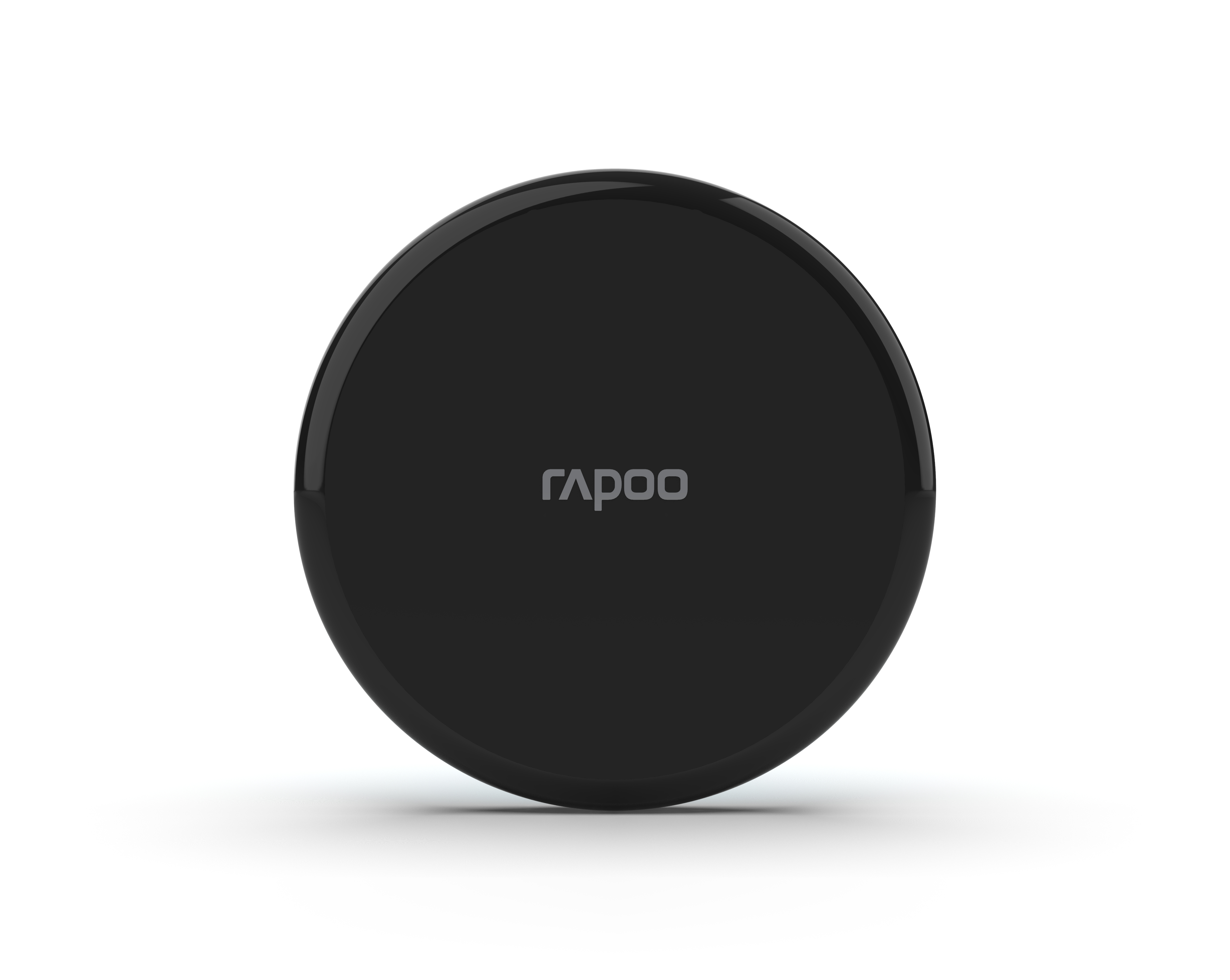 Ein schwarzer, runder Gegenstand mit dem Logo 'rapoo' in Grau.