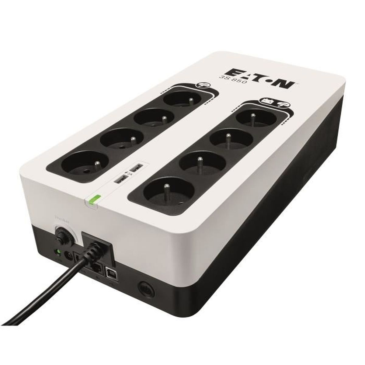 Biały listwa zasilająca Eaton z ośmioma gniazdami i dwoma portami USB.
