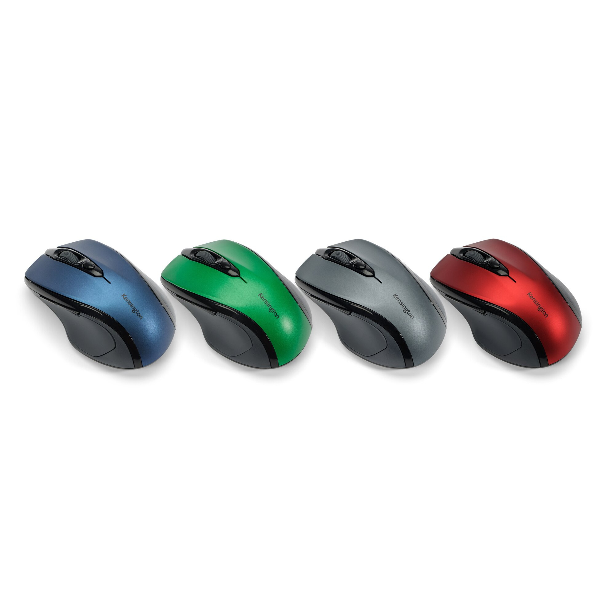 Vier Kensington muizen in blauw, groen, grijs en rood op een witte achtergrond.