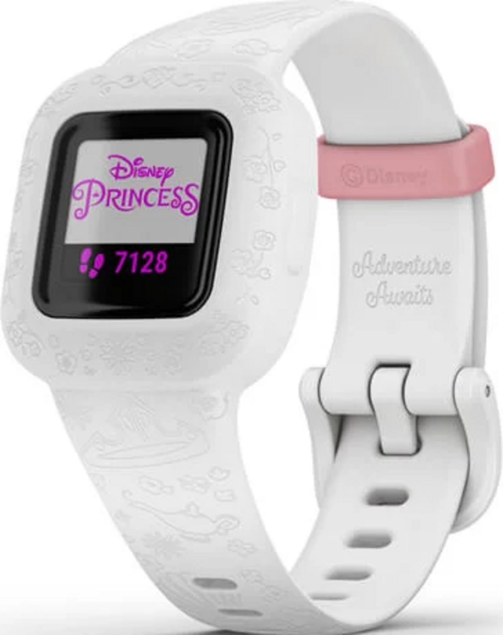 Smartwatch bianco Disney Princess con accento rosa. Display mostra passi.
