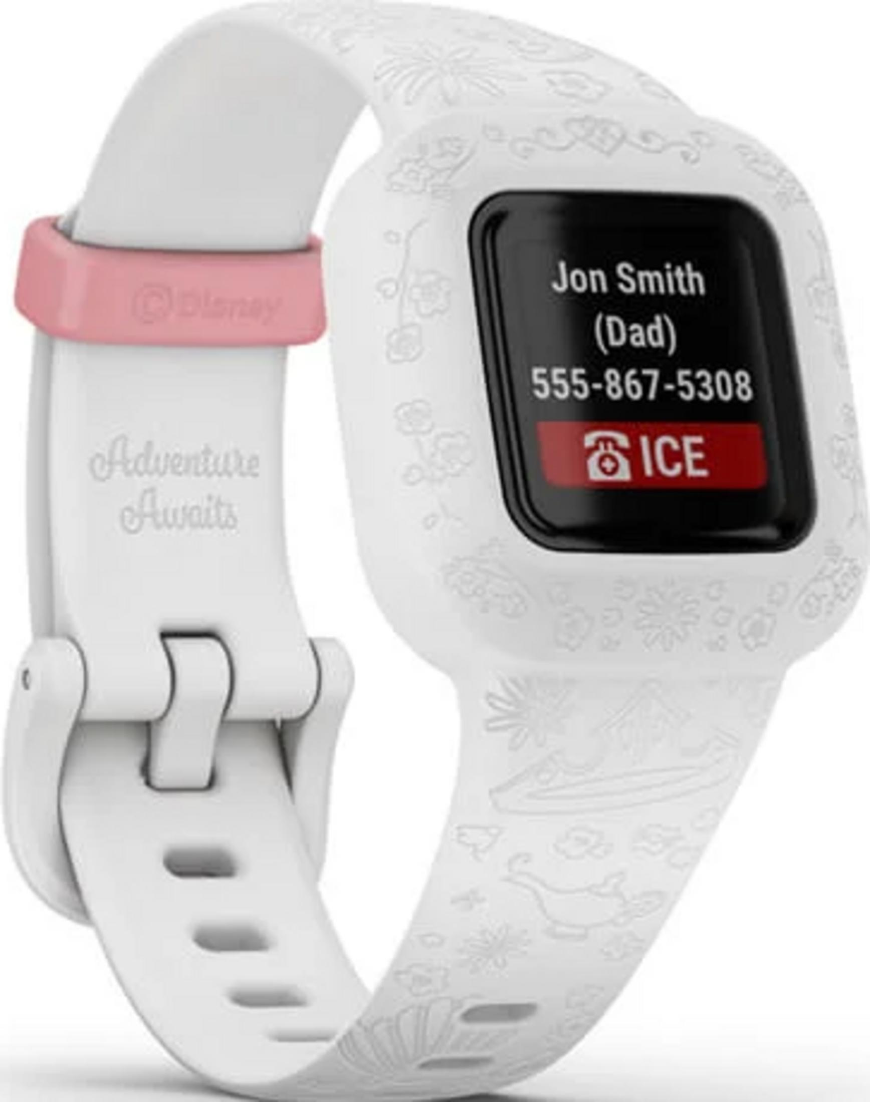 Orologio Disney bianco con motivi floreali e info ICE sullo schermo.