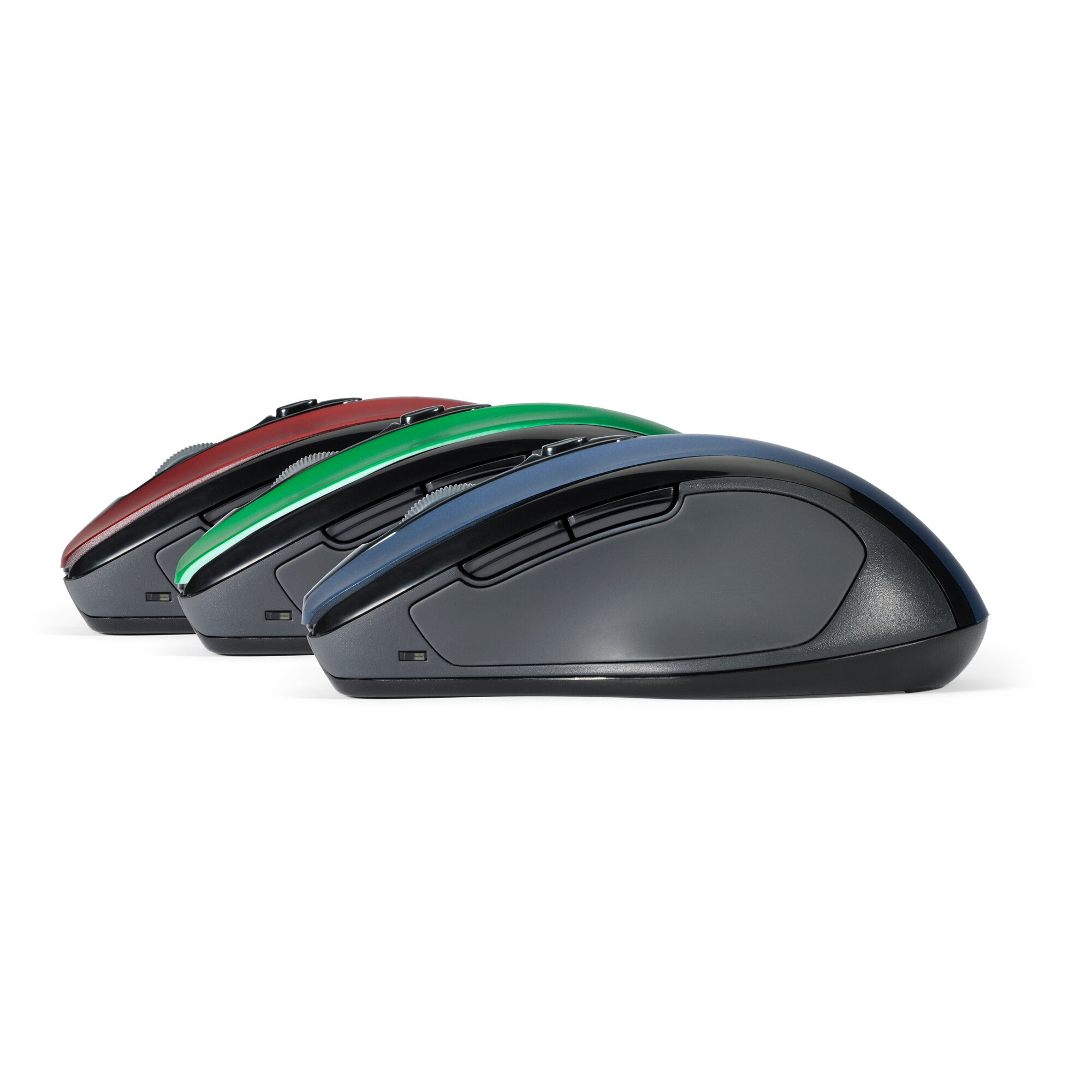 Tre mouse per computer rossi, verdi e blu allineati su sfondo bianco.
