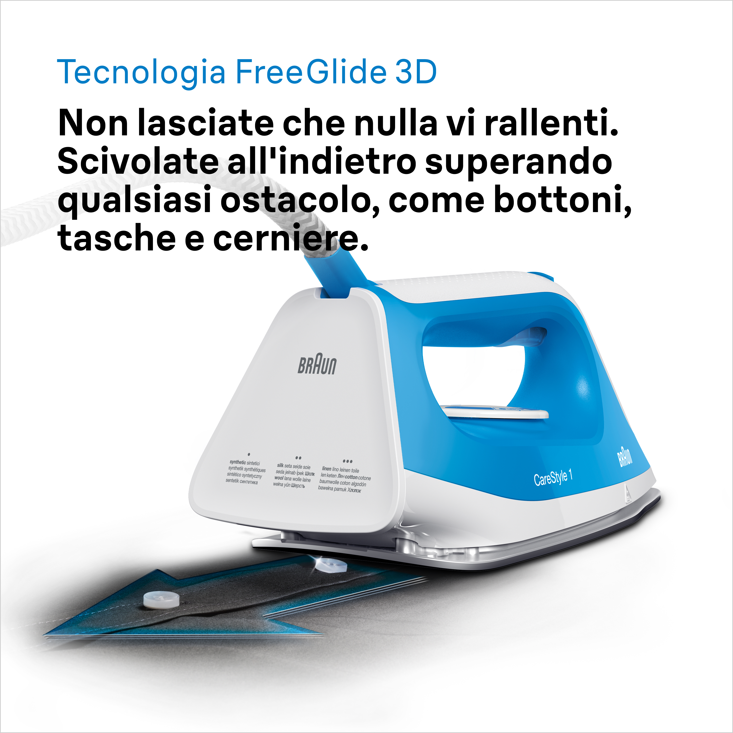 Un ferro da stiro Braun CareStyle 1 blu e bianco con testo.