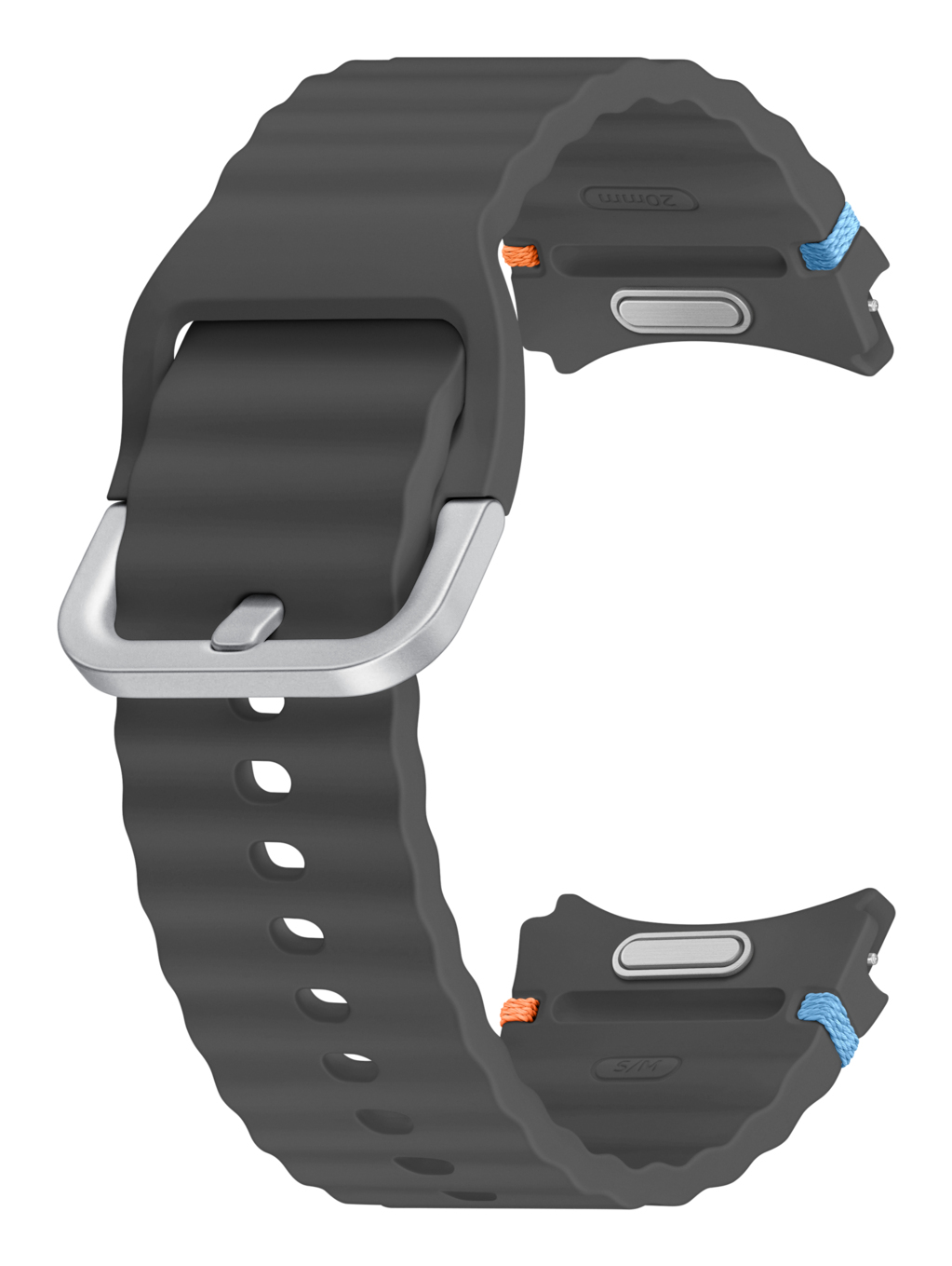 Correa de reloj de silicona gris oscuro con hebilla plateada y textura ondulada.
