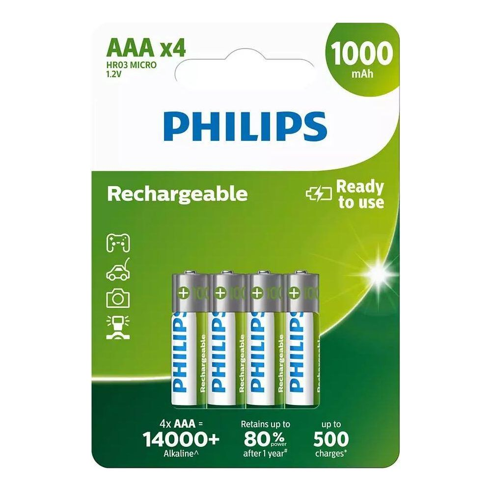 Opakowanie czterech akumulatorów AAA Philips, 1000 mAh.