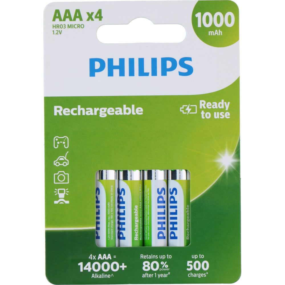 Opakowanie czterech akumulatorów Philips AAA, 1000 mAh.