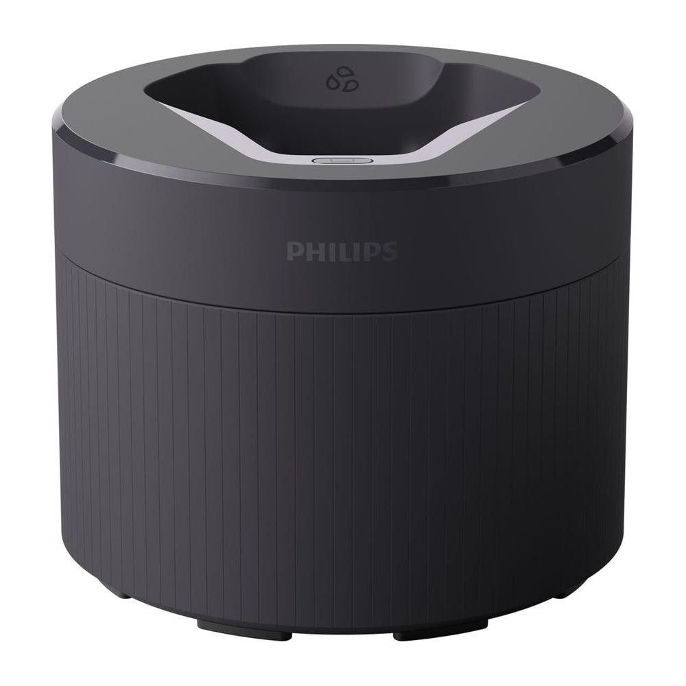 Base di ricarica o pulizia Philips nera con corpo scanalato.