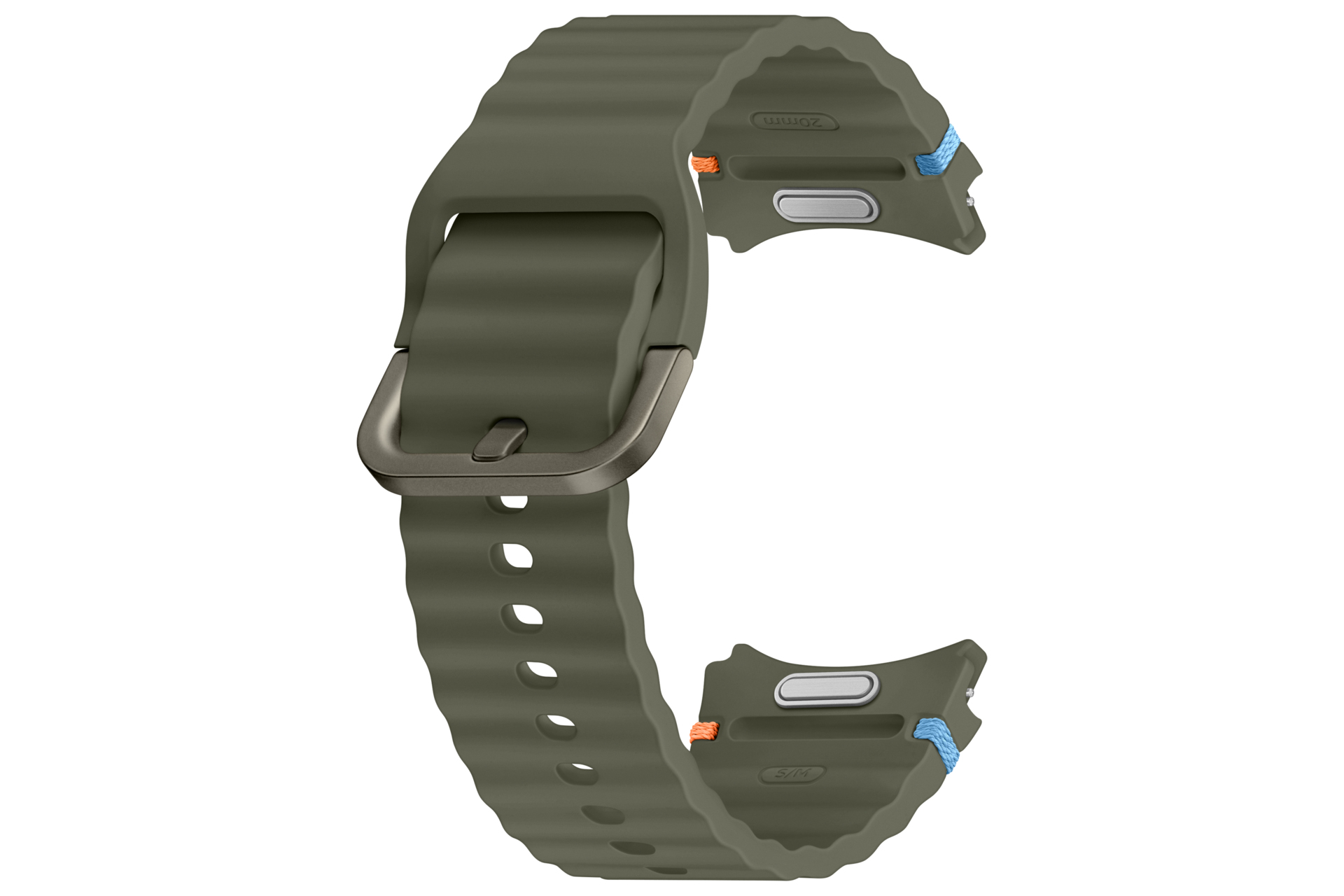 Cinturino per orologio verde oliva con motivo a onde, fibbia in metallo e accenti blu.