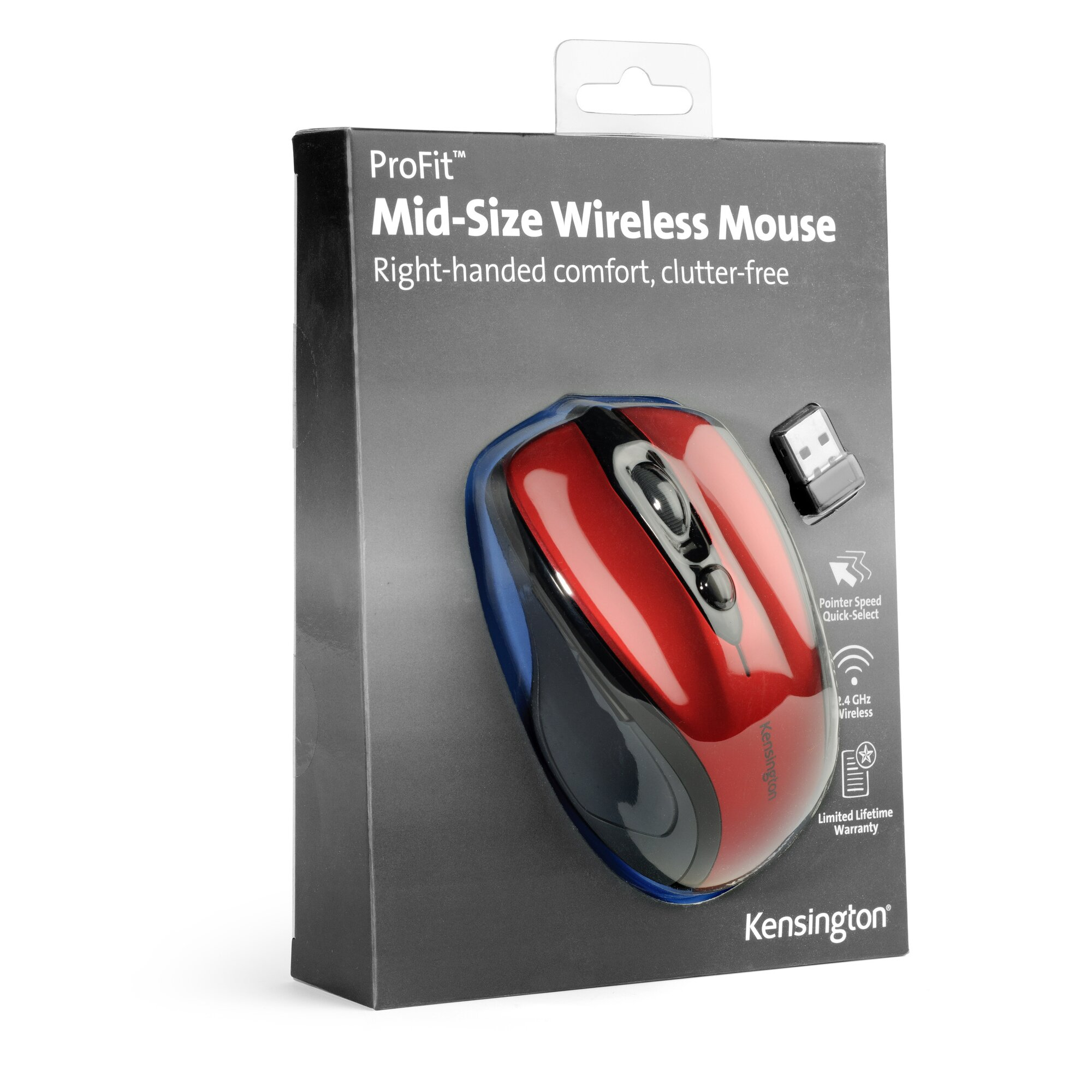 Mouse wireless rosso e nero in confezione Kensington.