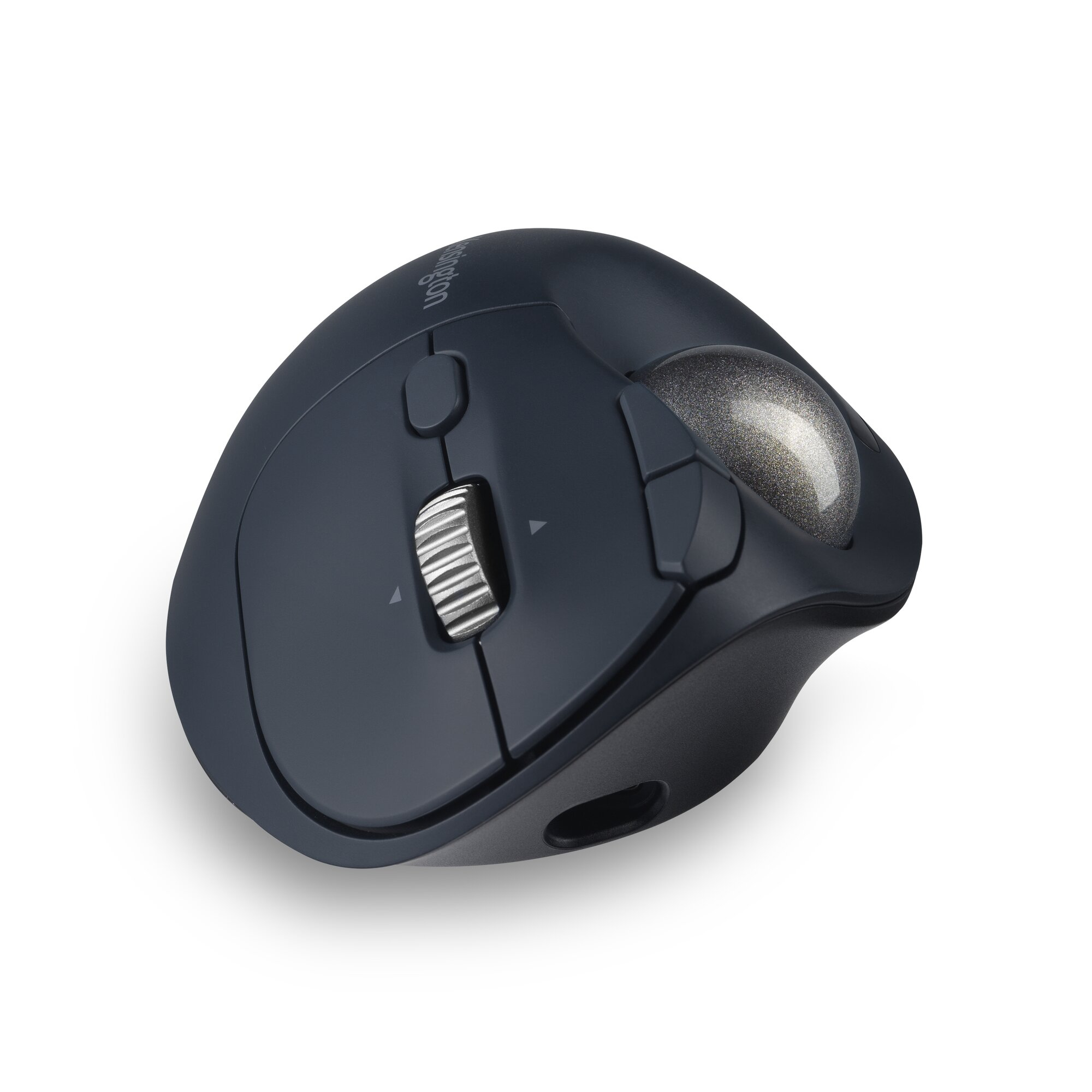 A dark computer mouse with a silver scroll wheel and a trackball.