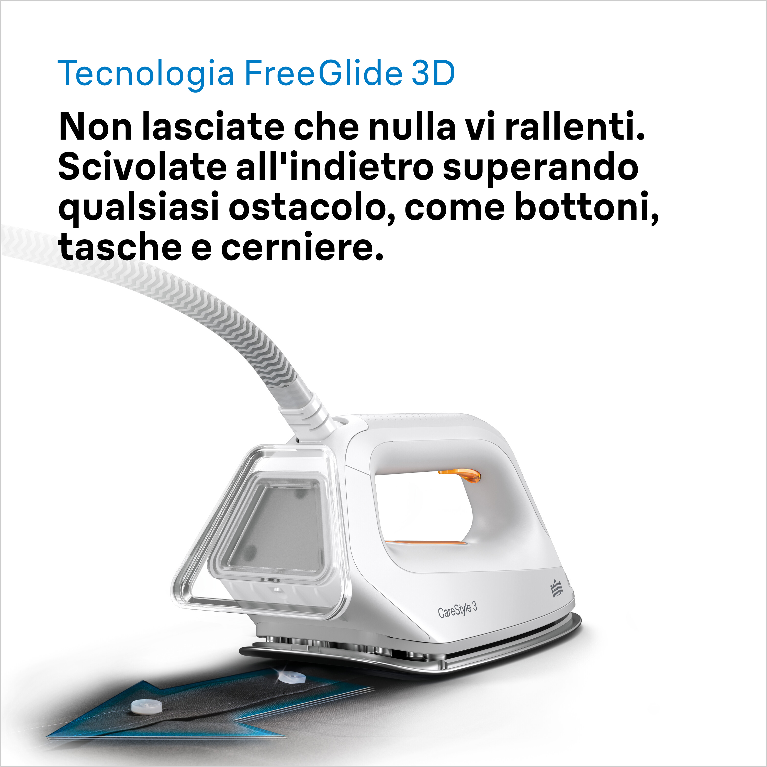 Białe żelazko ze zbiornikiem na wodę i kablem, przesuwające się po tkaninie.