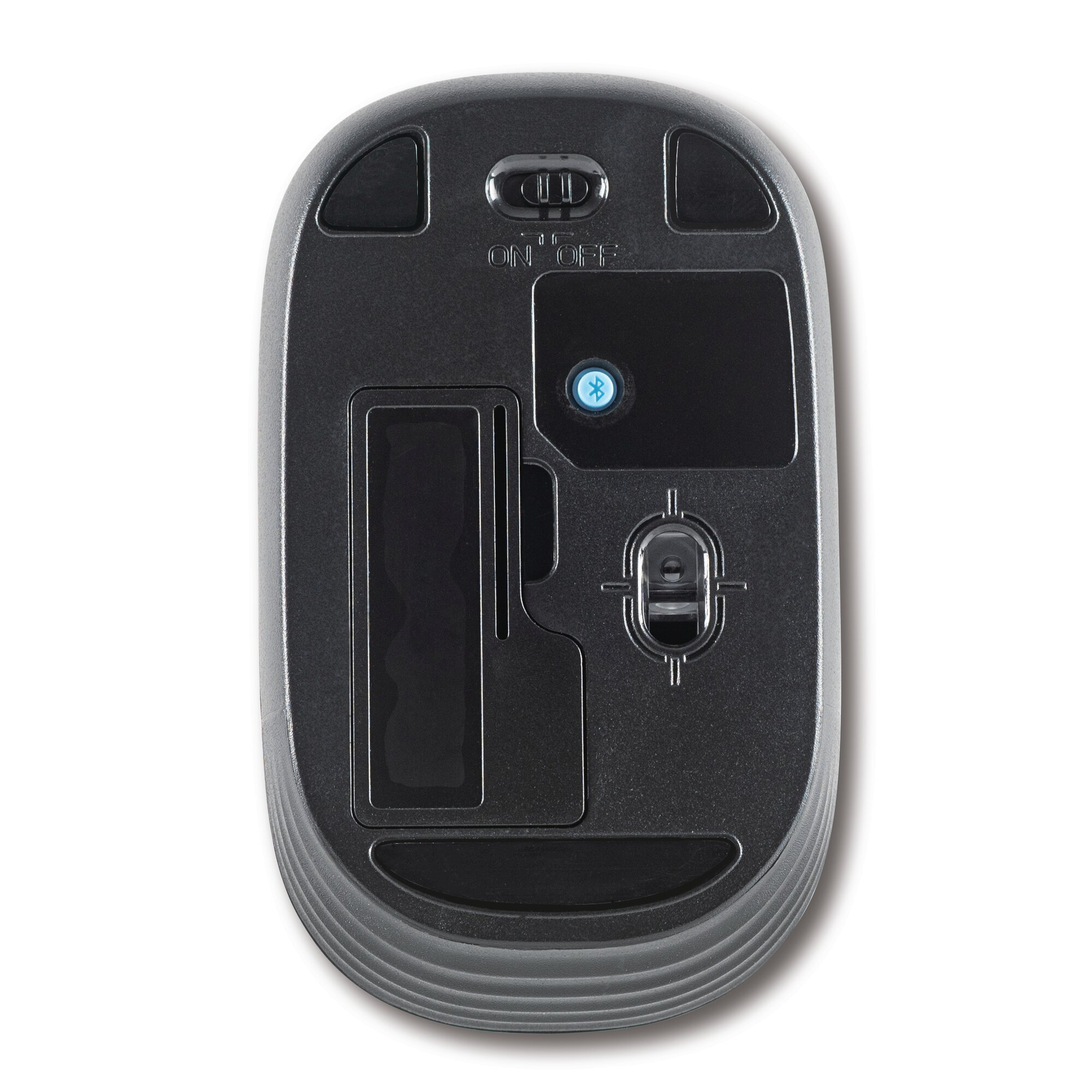 Underside of a black computer mouse featuring an on/off switch and Bluetooth symbol.